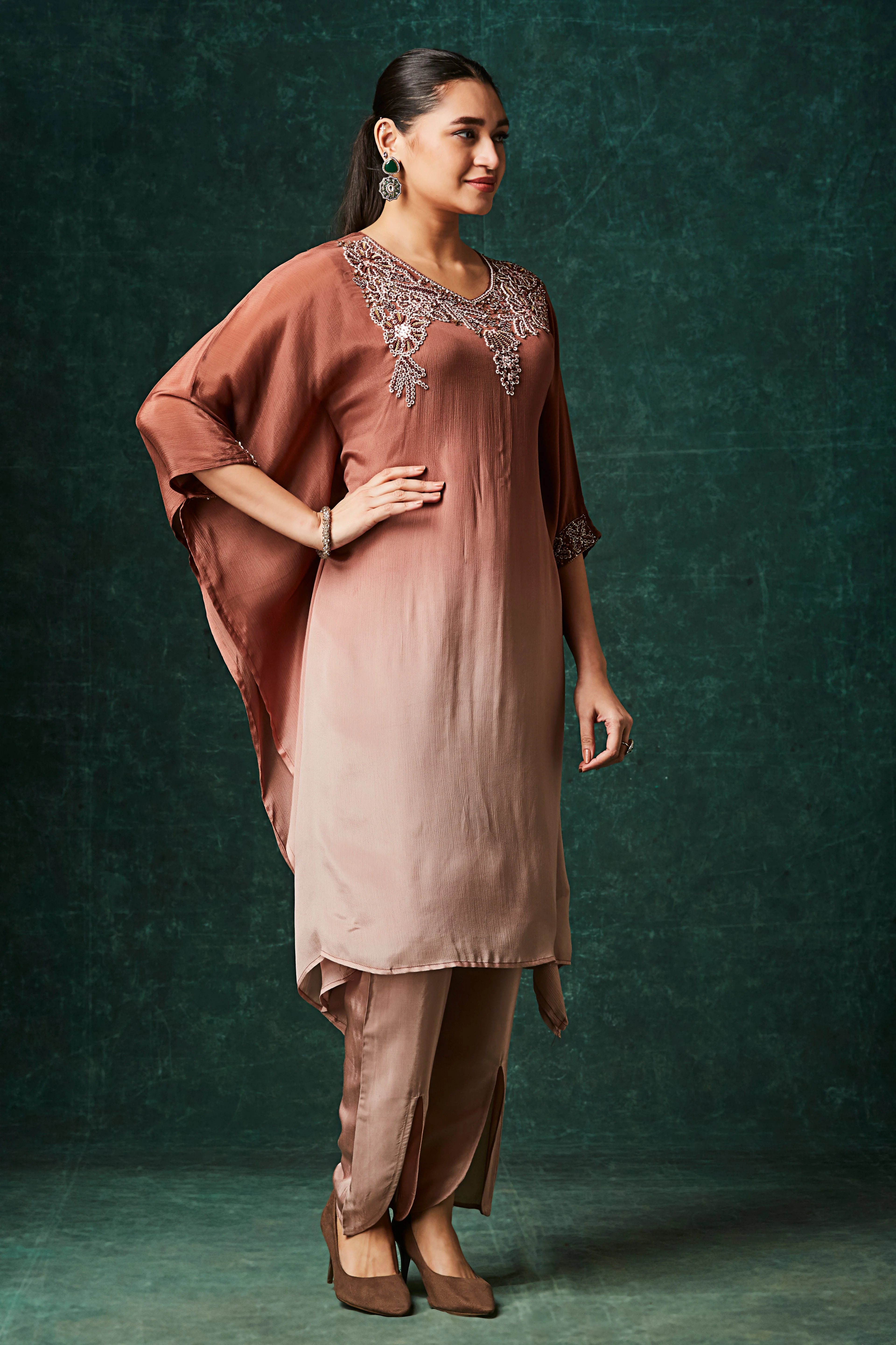 Copper Brown Ombre Embellished Chinon Silk Kaftan Set - Image 5