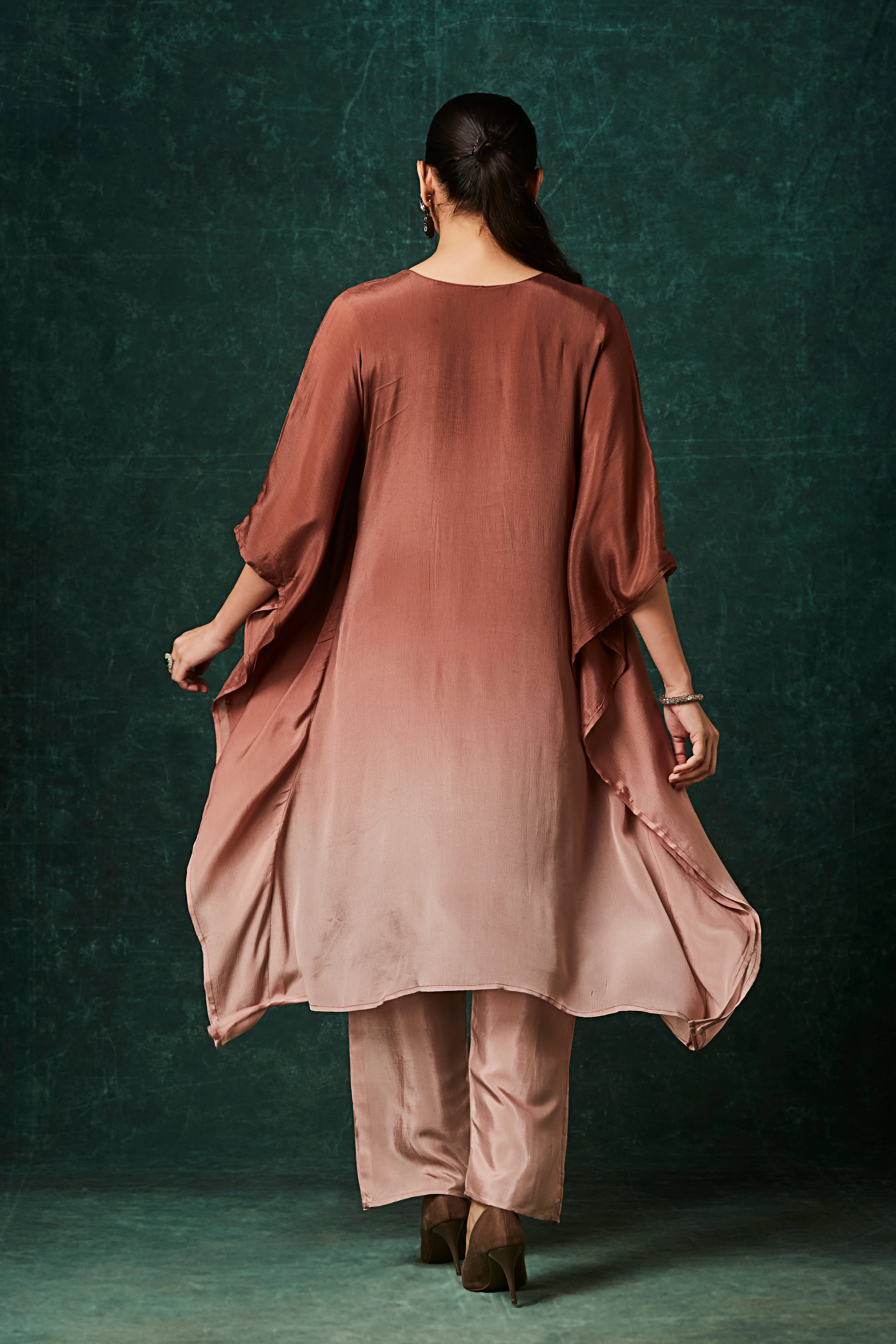 Copper Brown Ombre Embellished Chinon Silk Kaftan Set - Image 6