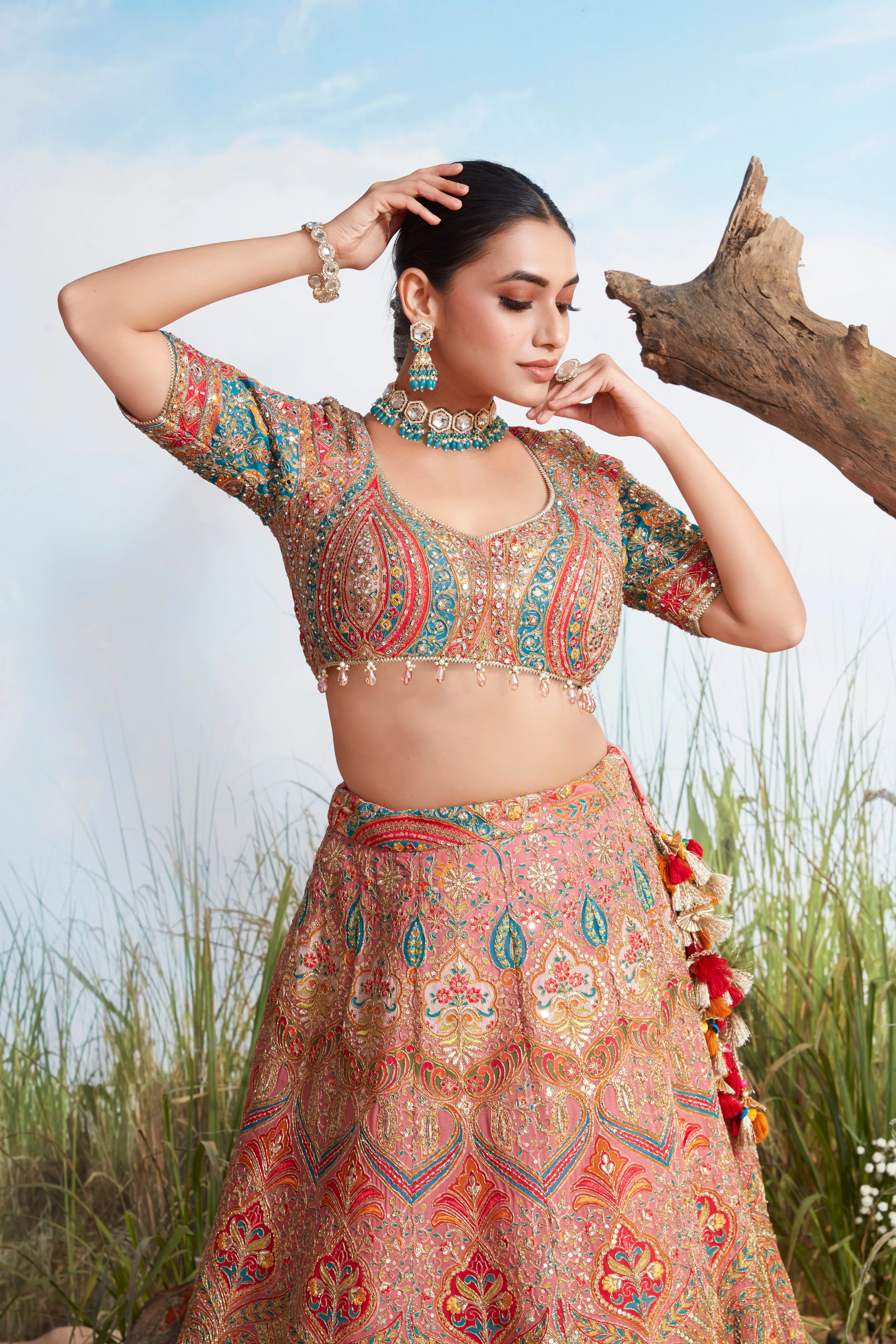 Sunset Pink Embellished Raw Silk Lehenga Set - Image 2
