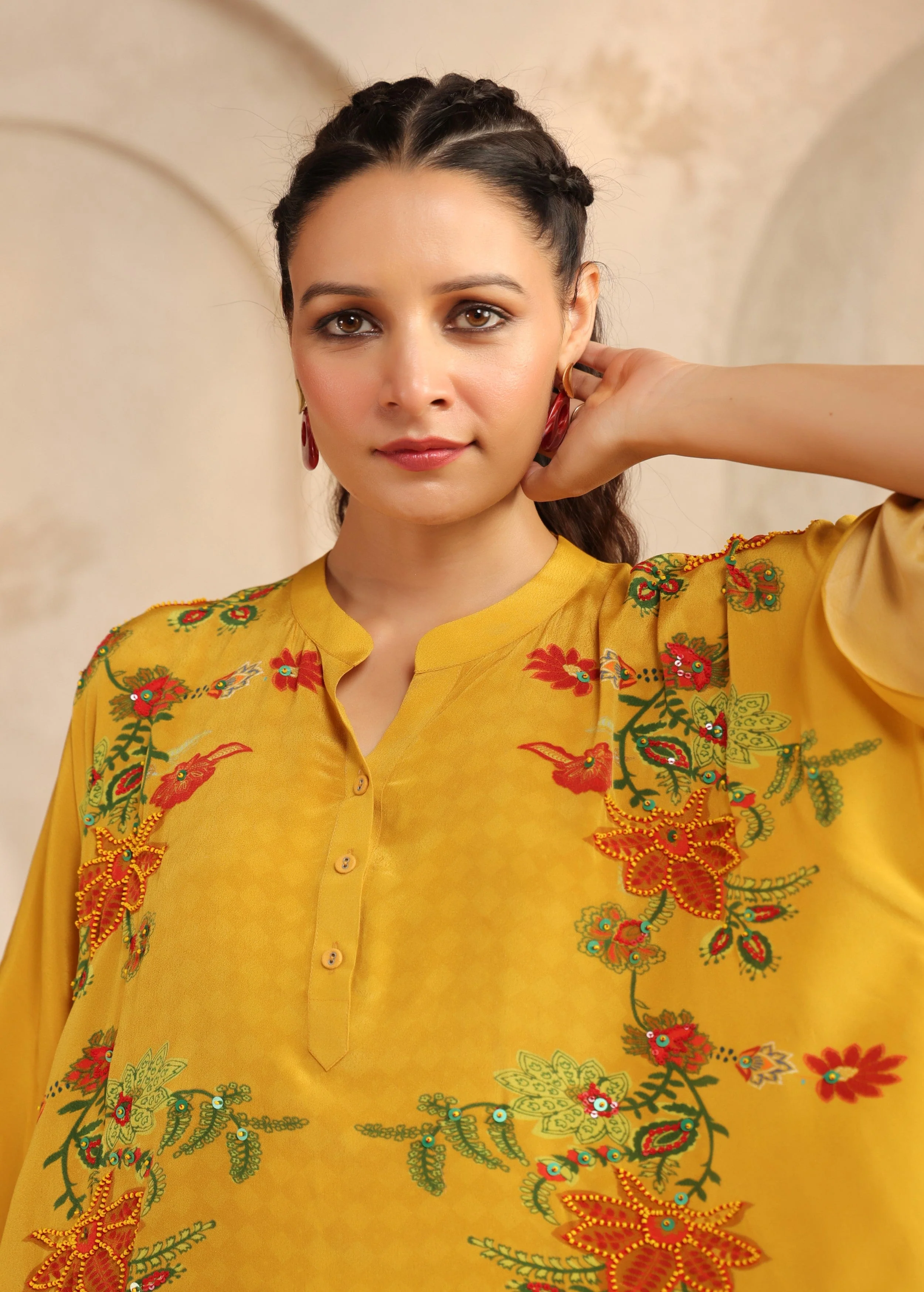 Mustard Yellow Floral Viscose Crepe Palazzo Set - Image 2