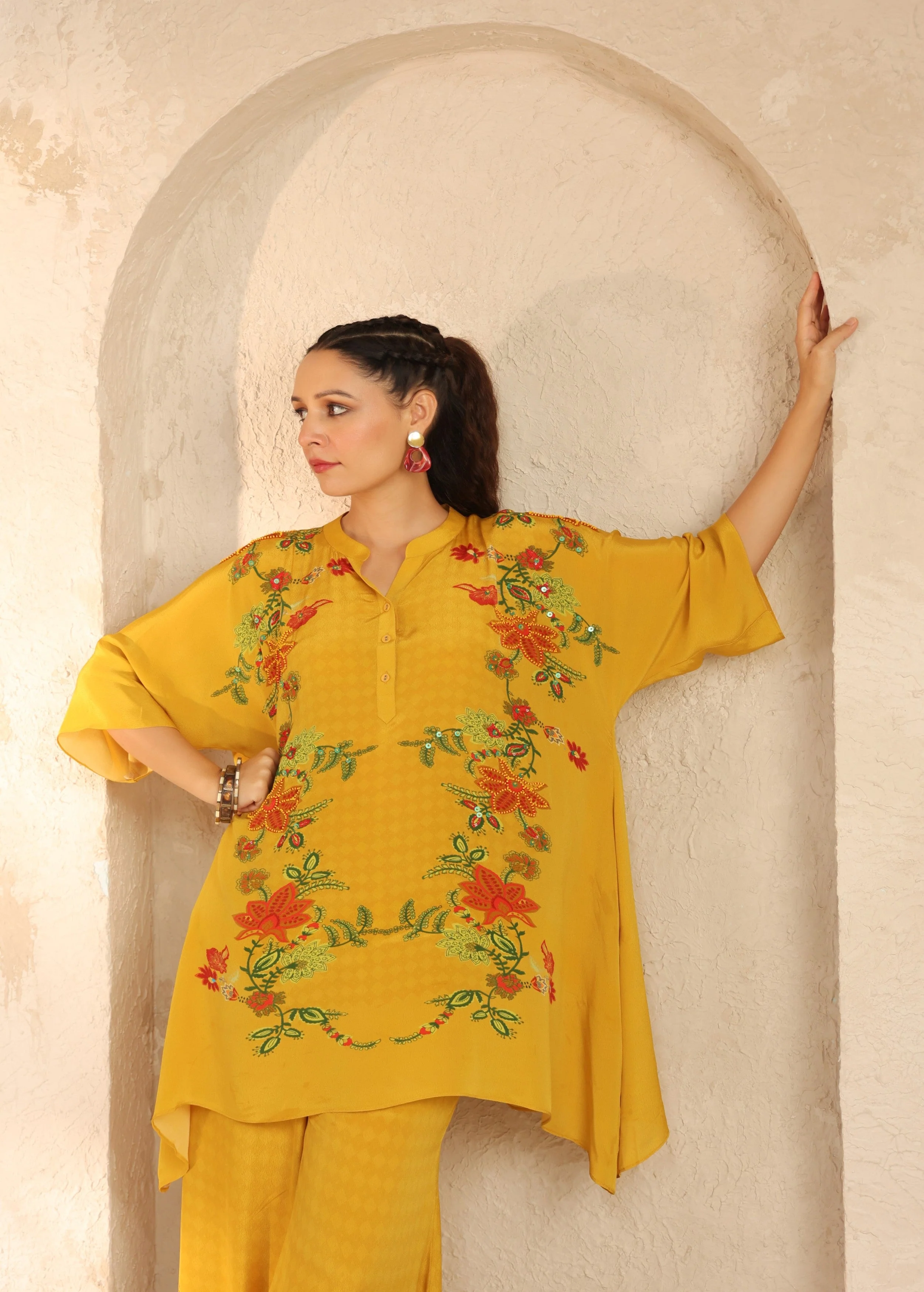Mustard Yellow Floral Viscose Crepe Palazzo Set - Image 3