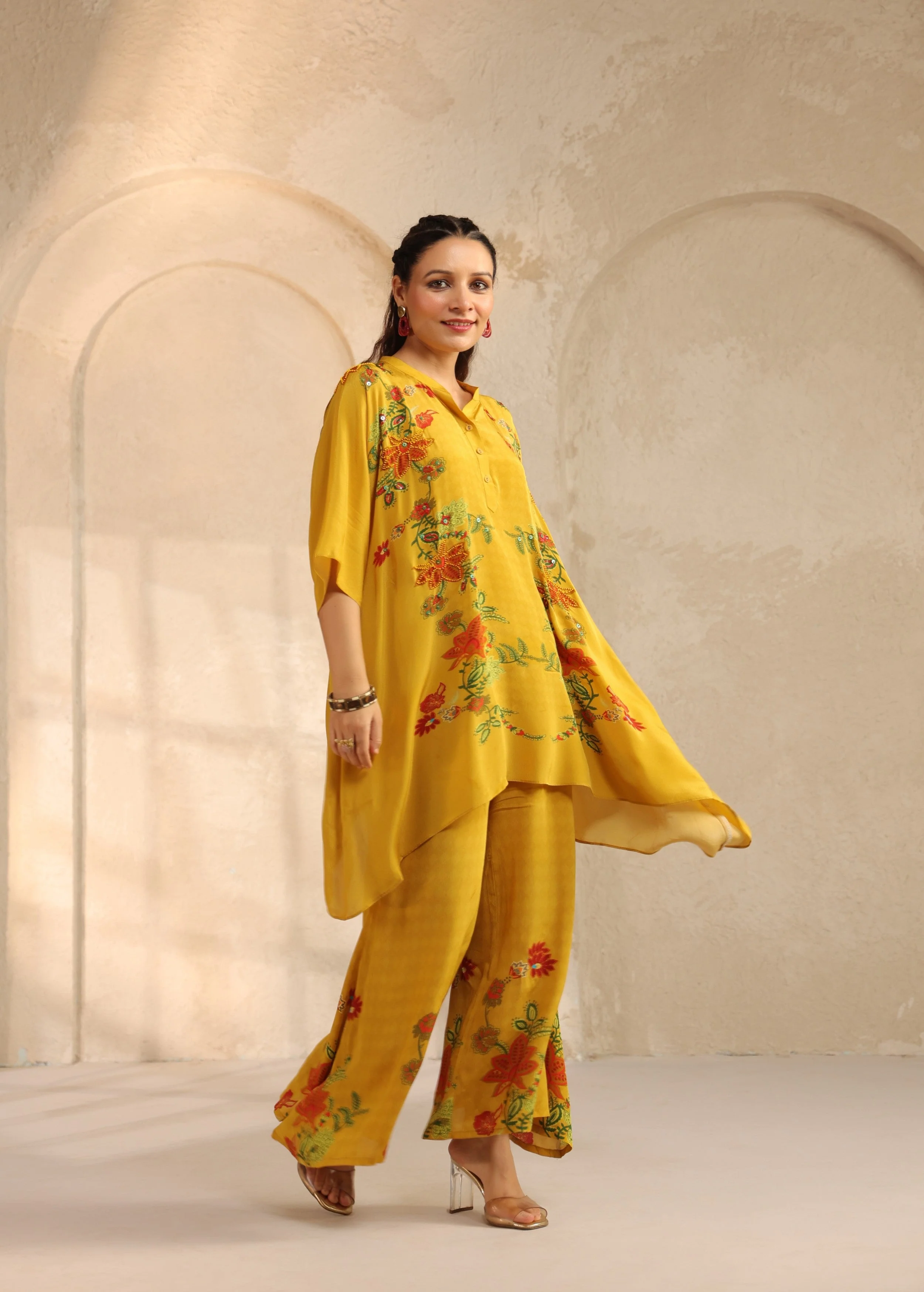 Mustard Yellow Floral Viscose Crepe Palazzo Set - Image 4