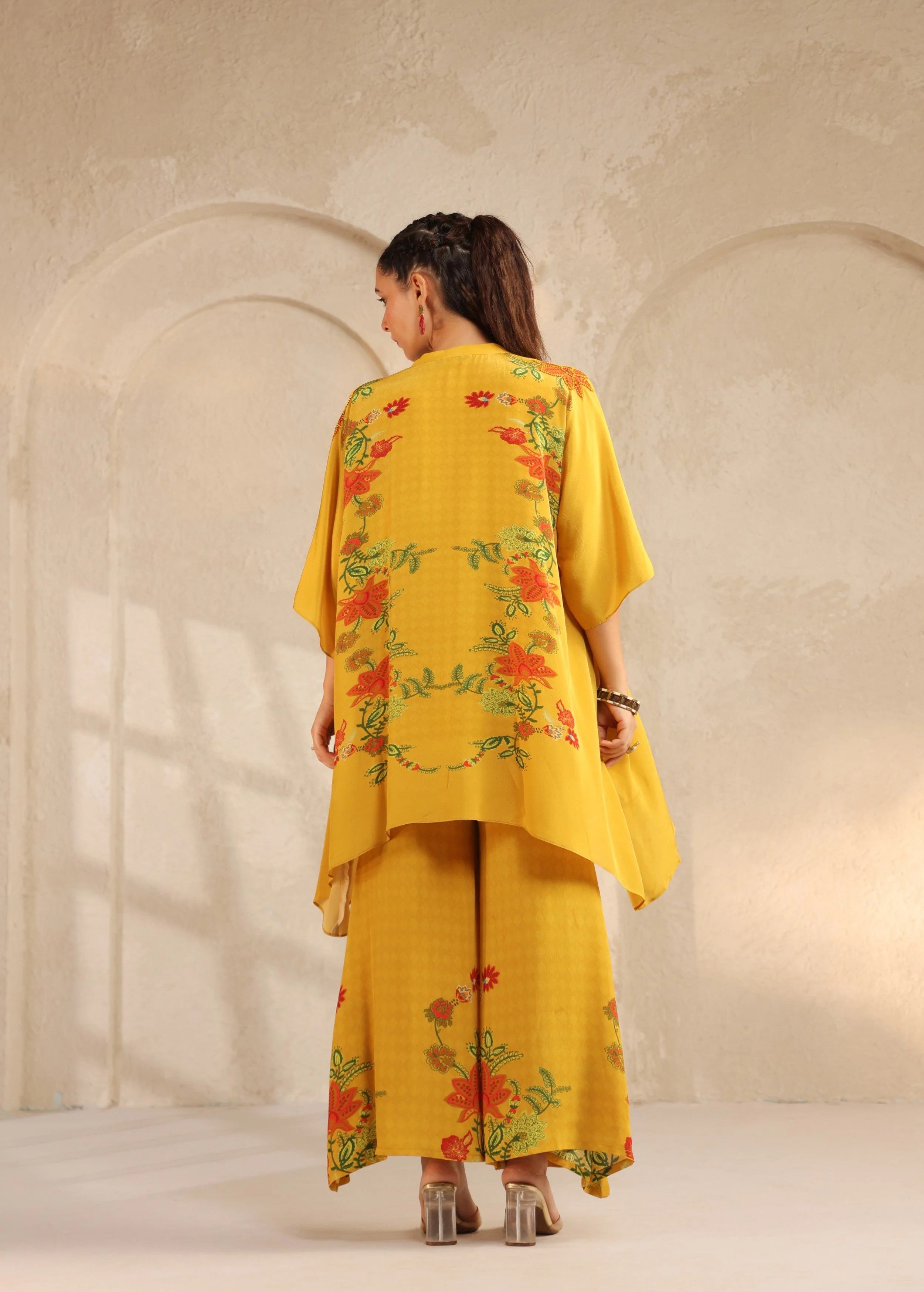 Mustard Yellow Floral Viscose Crepe Palazzo Set - Image 5