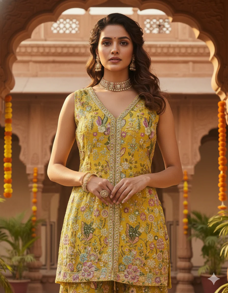 Sunshine Yellow Embroidered Tissue Silk Palazzo Set - Image 2