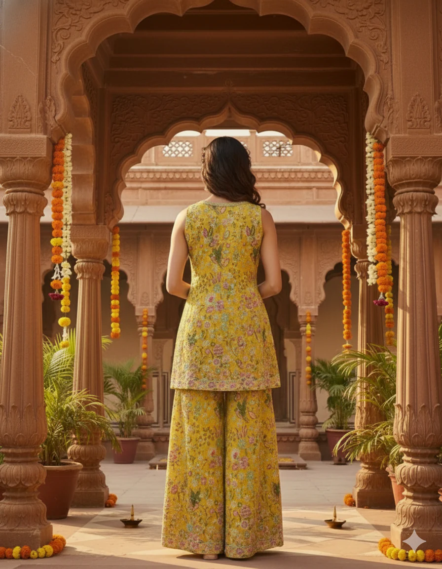 Sunshine Yellow Embroidered Tissue Silk Palazzo Set - Image 3