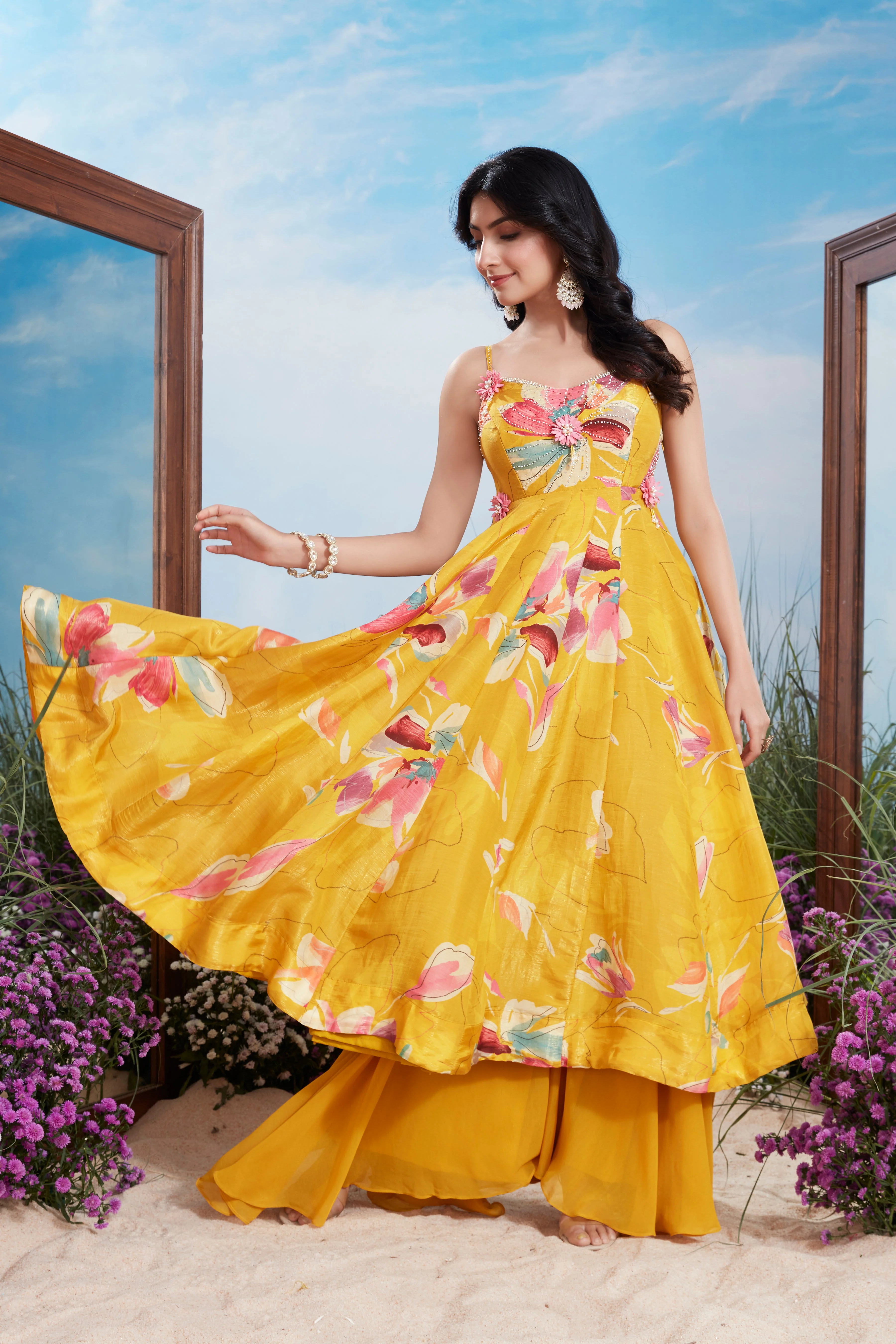 Sunshine Yellow Floral Printed Premium Silk Palazzo Set - Image 2
