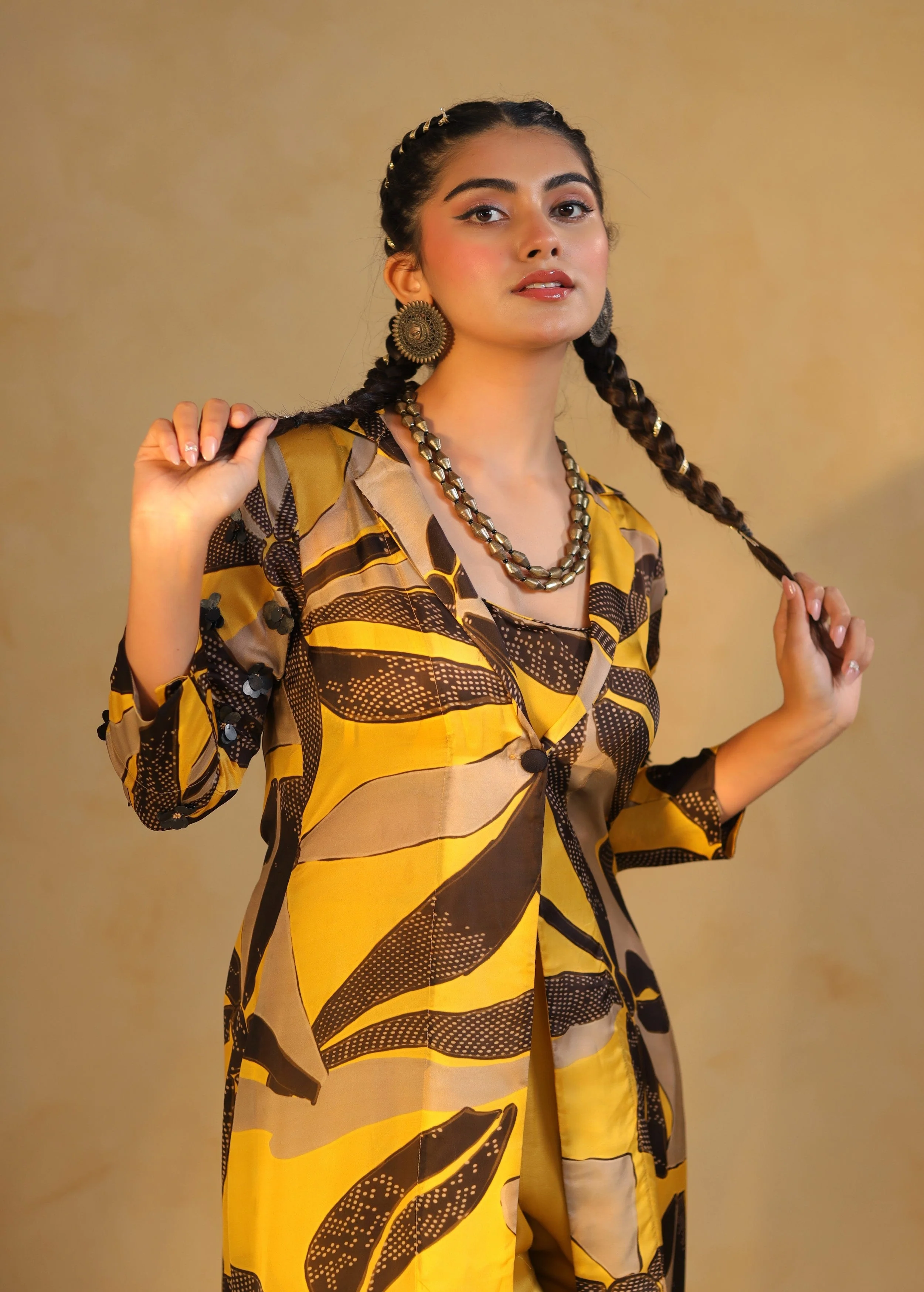 Sunshine Yellow Printed Satin Silk Jacket Palazzo Set - Image 2