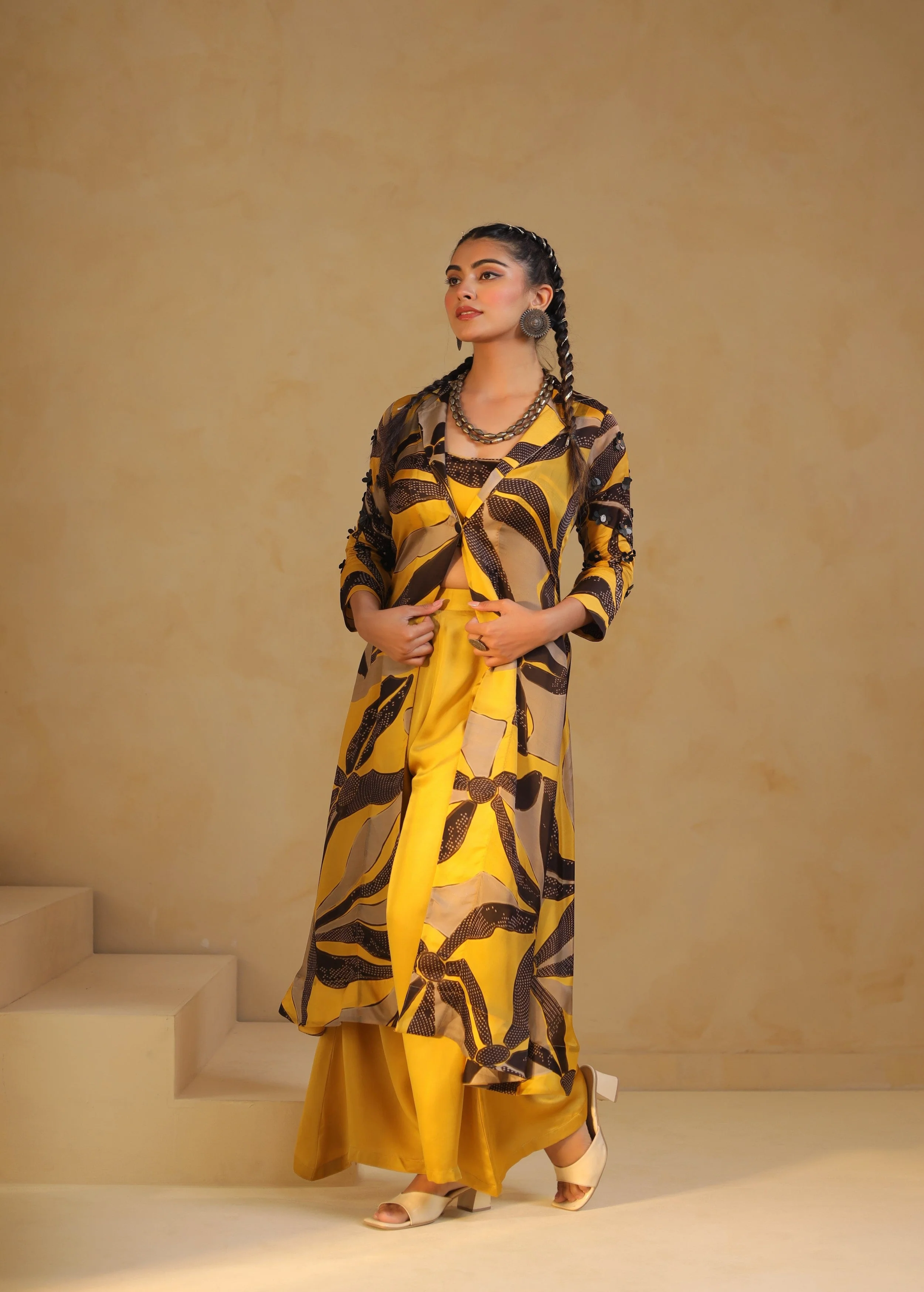 Sunshine Yellow Printed Satin Silk Jacket Palazzo Set - Image 3