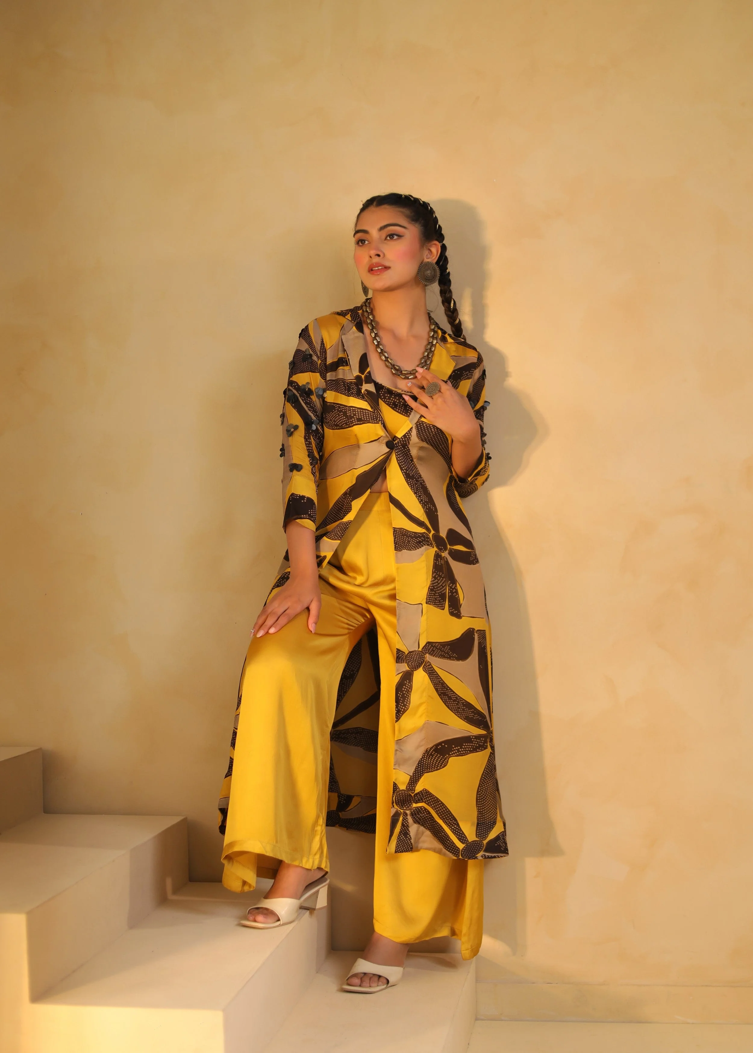 Sunshine Yellow Printed Satin Silk Jacket Palazzo Set - Image 4