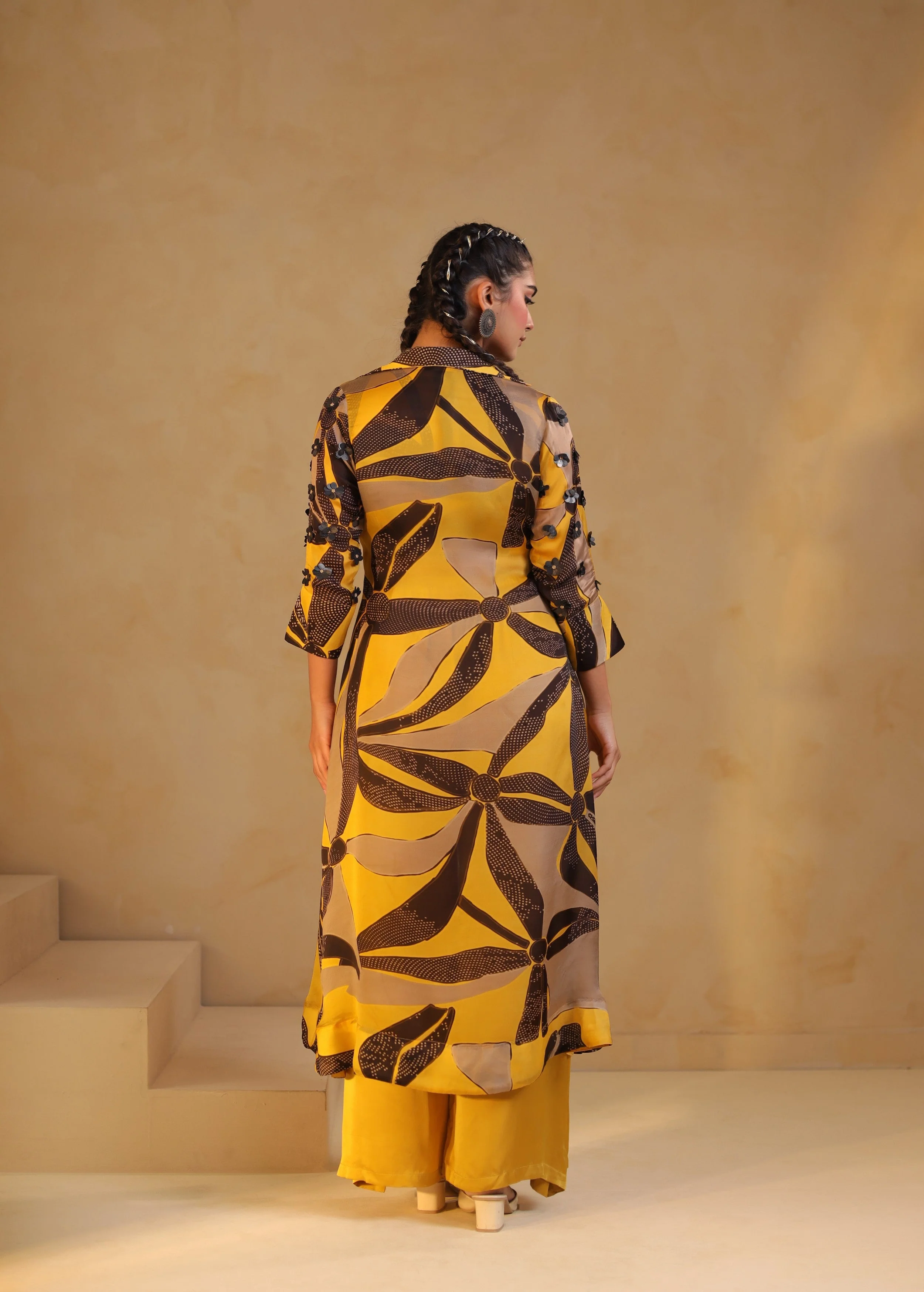 Sunshine Yellow Printed Satin Silk Jacket Palazzo Set - Image 5