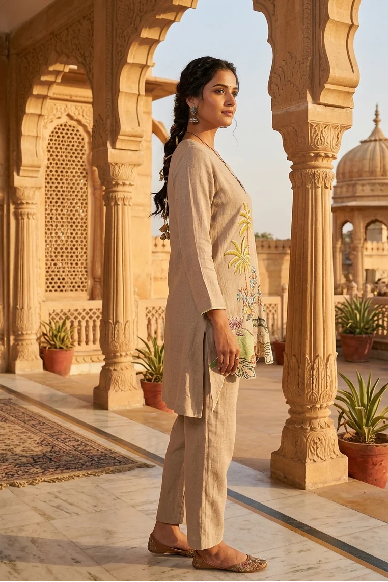 Taupe Embroidered Cotton Co-Ord Set - Image 2