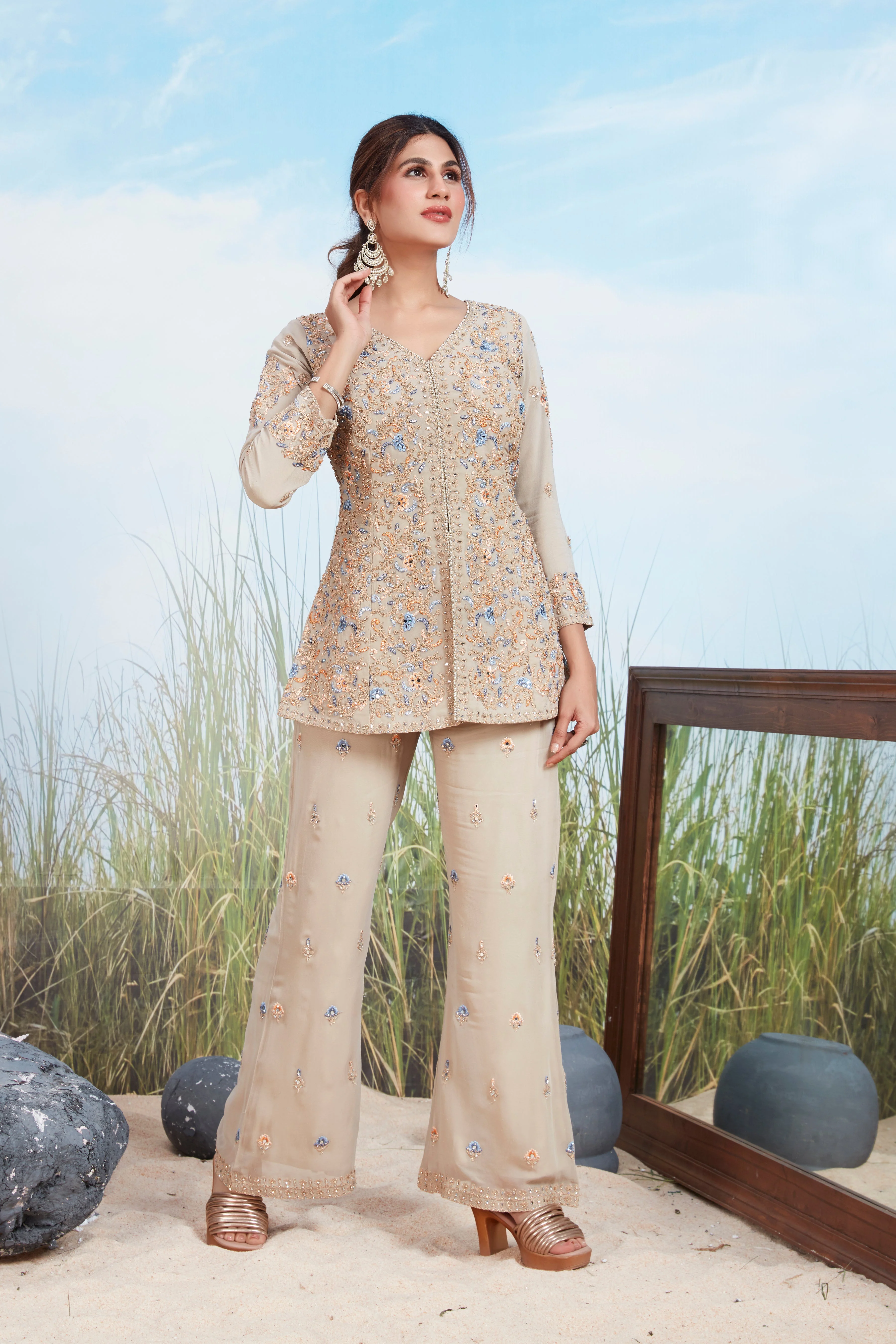Champagne Beige Embroidered Georgette Silk Co-Ord Set - Image 2