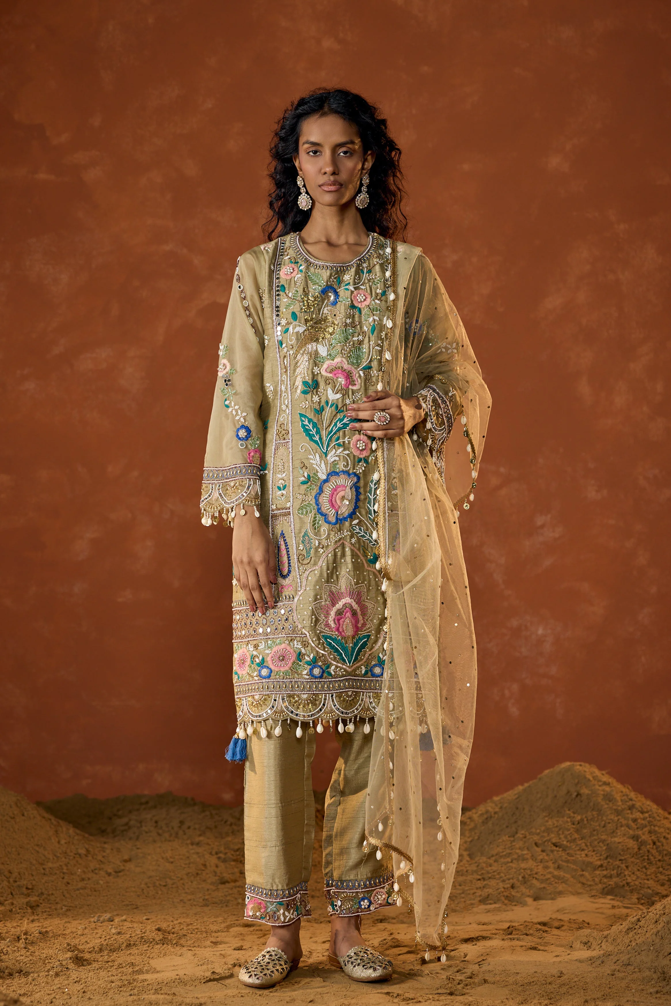Taupe Green Embellished Raw Silk Pant Set