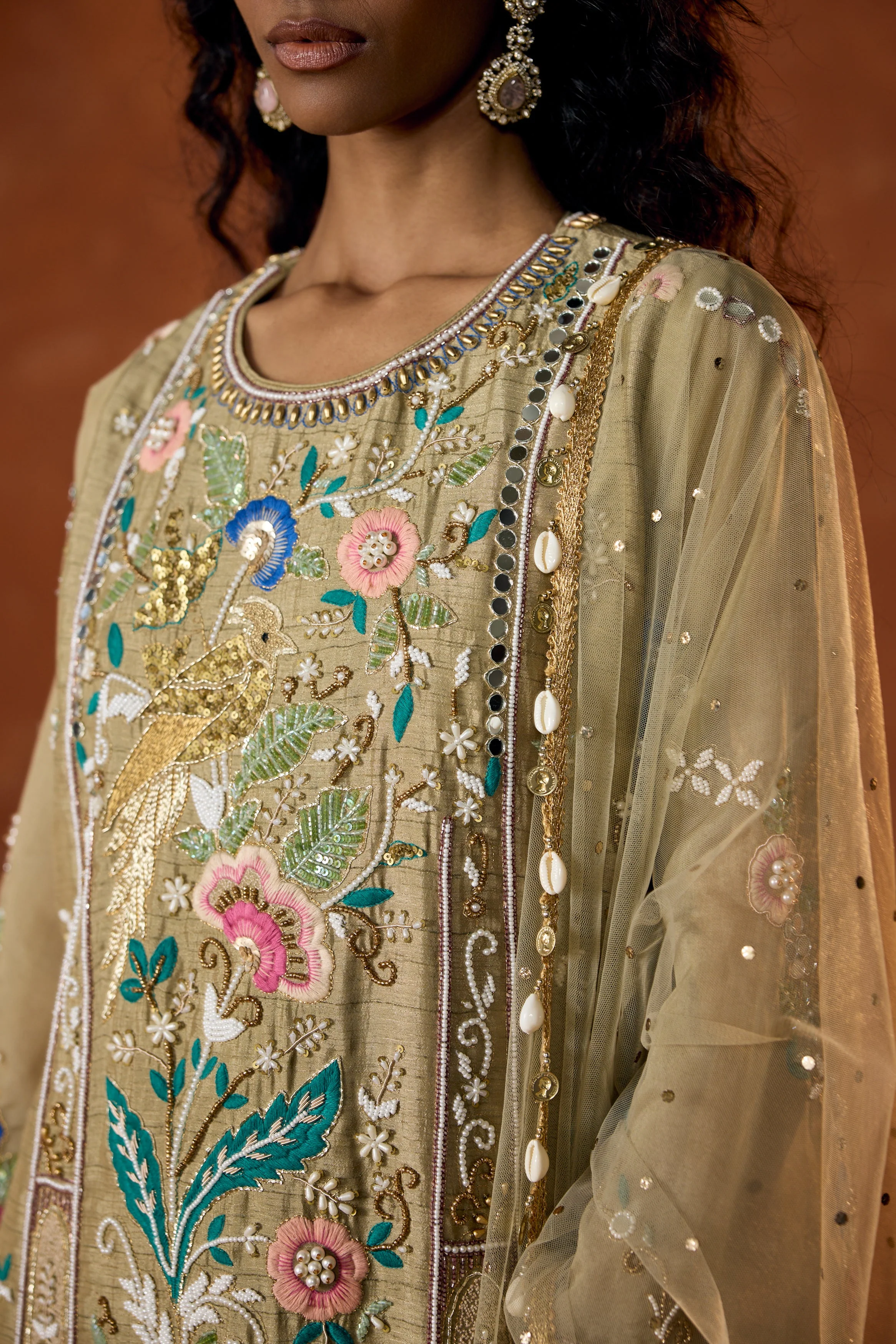 Taupe Green Embellished Raw Silk Pant Set - Image 2