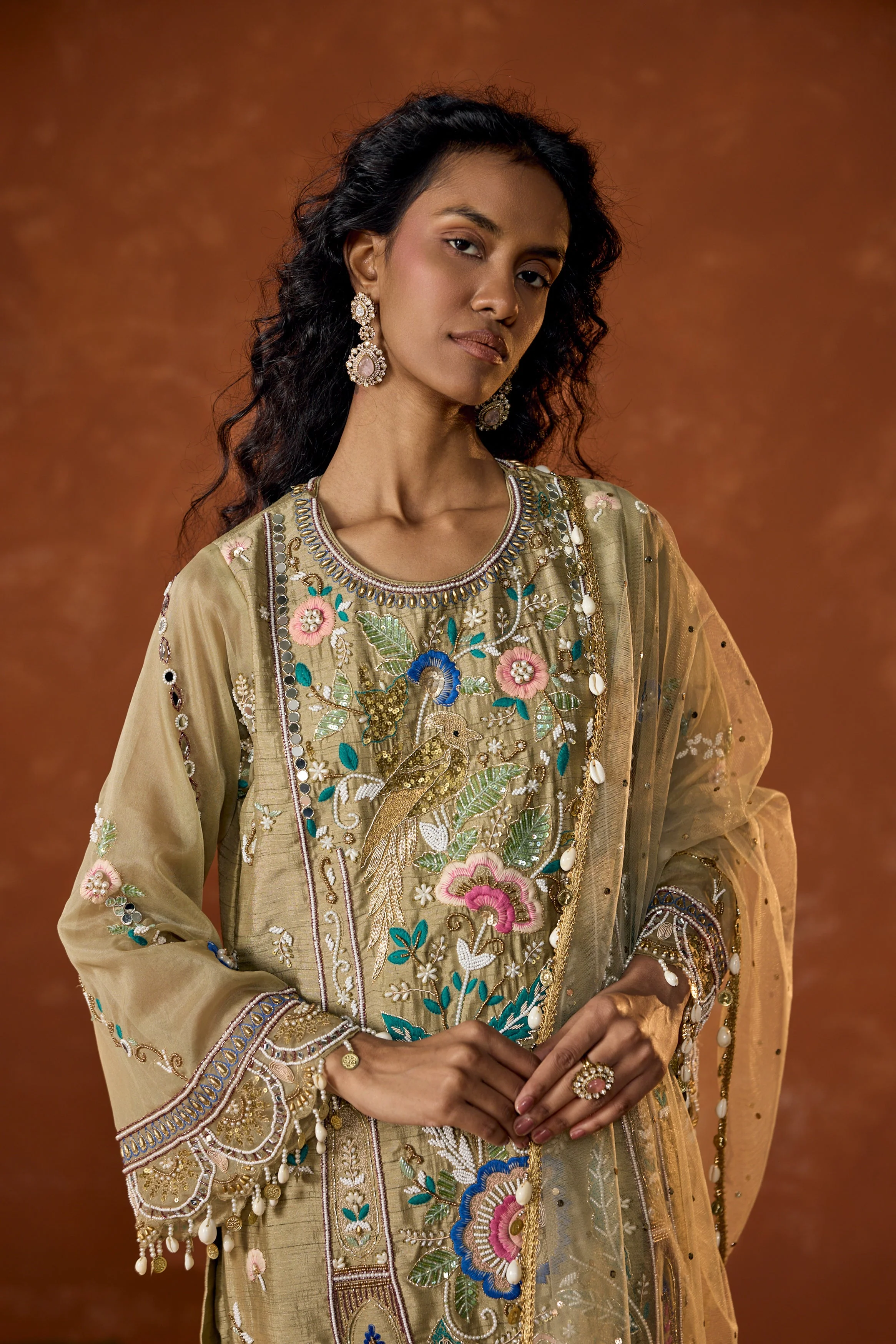 Taupe Green Embellished Raw Silk Pant Set - Image 3