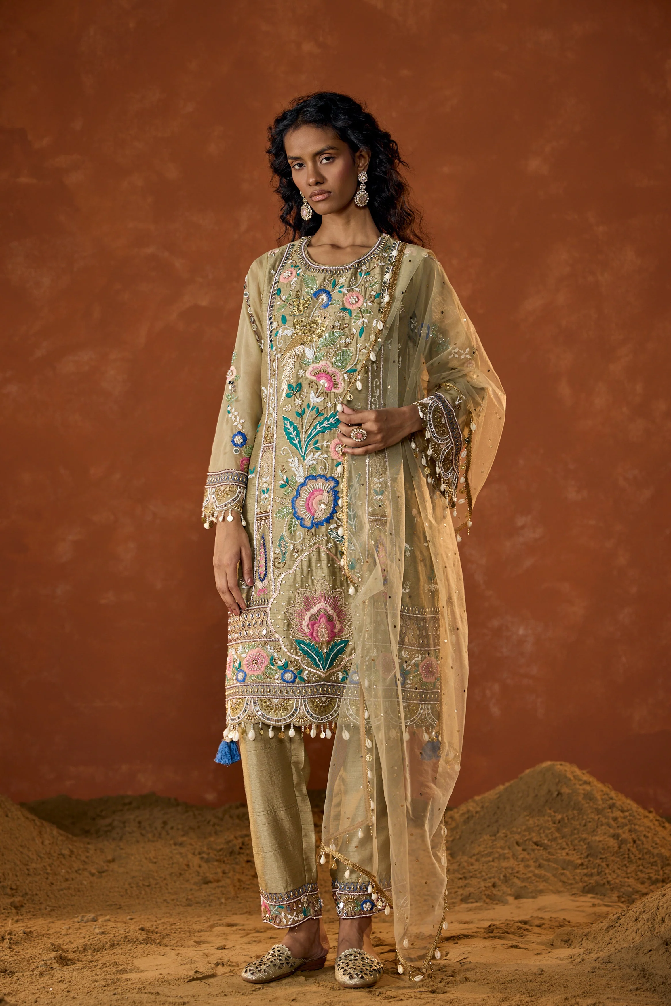 Taupe Green Embellished Raw Silk Pant Set - Image 5