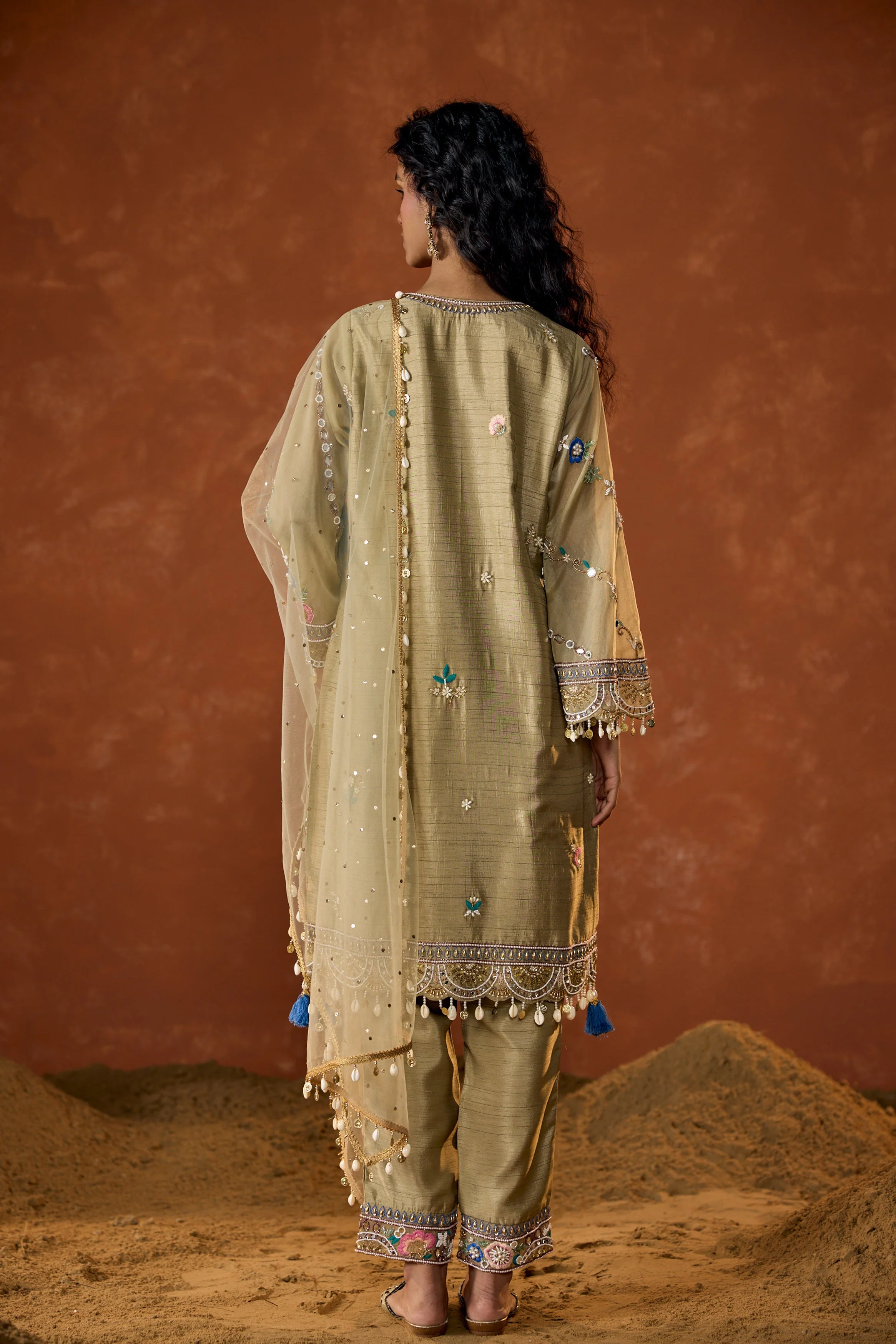 Taupe Green Embellished Raw Silk Pant Set - Image 6