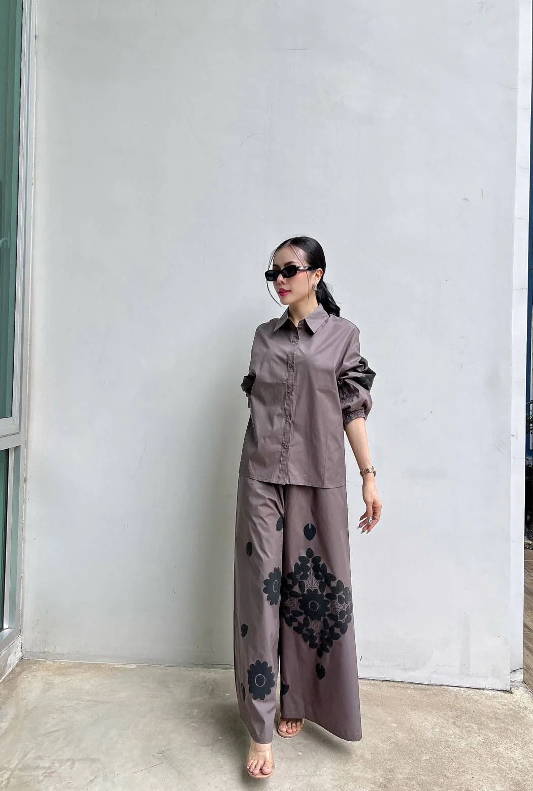 Taupe Grey Minimalist Black Floral Cotton Co-Ord Set - Image 3