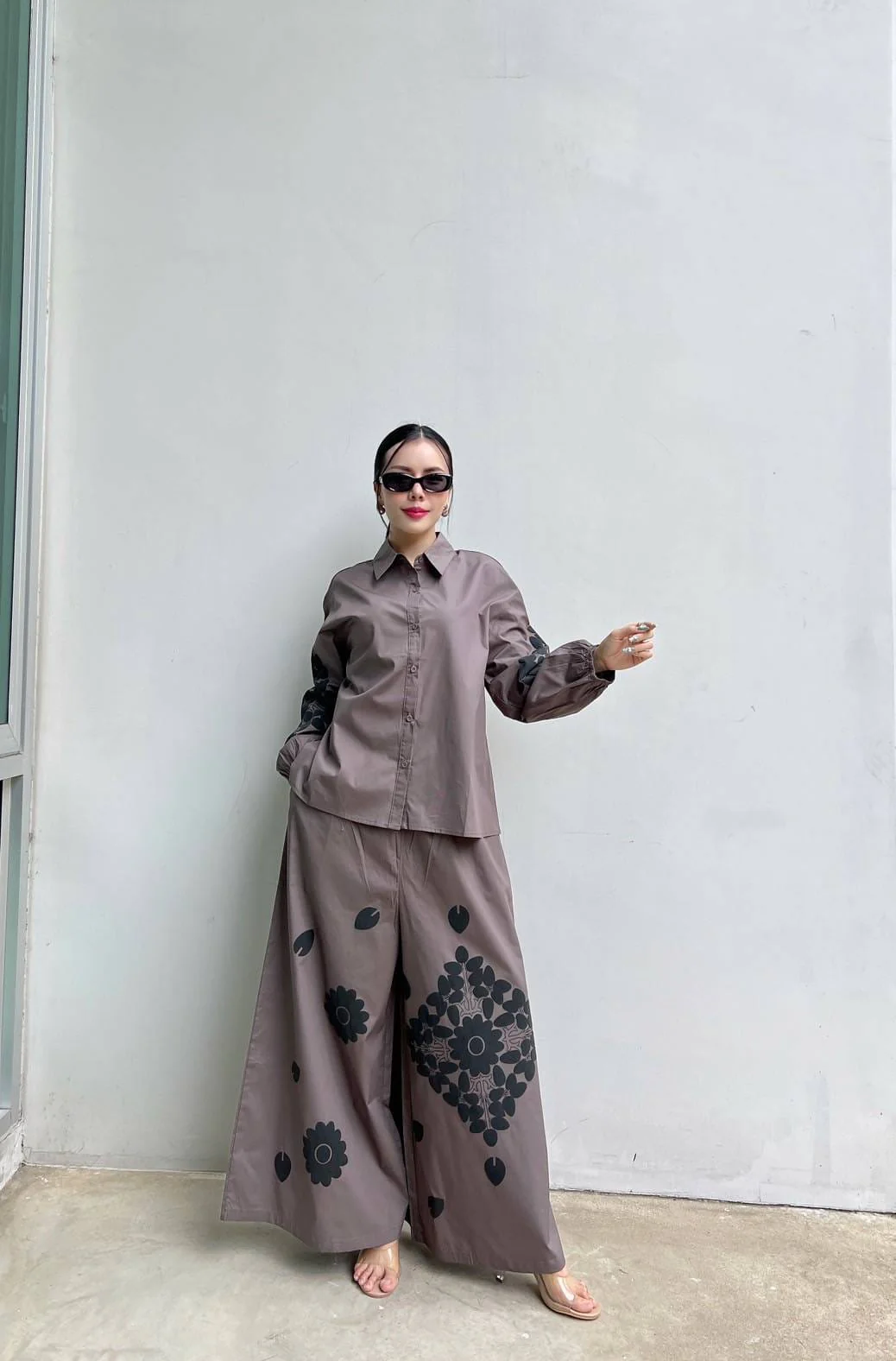 Taupe Grey Minimalist Black Floral Cotton Co-Ord Set - Image 4