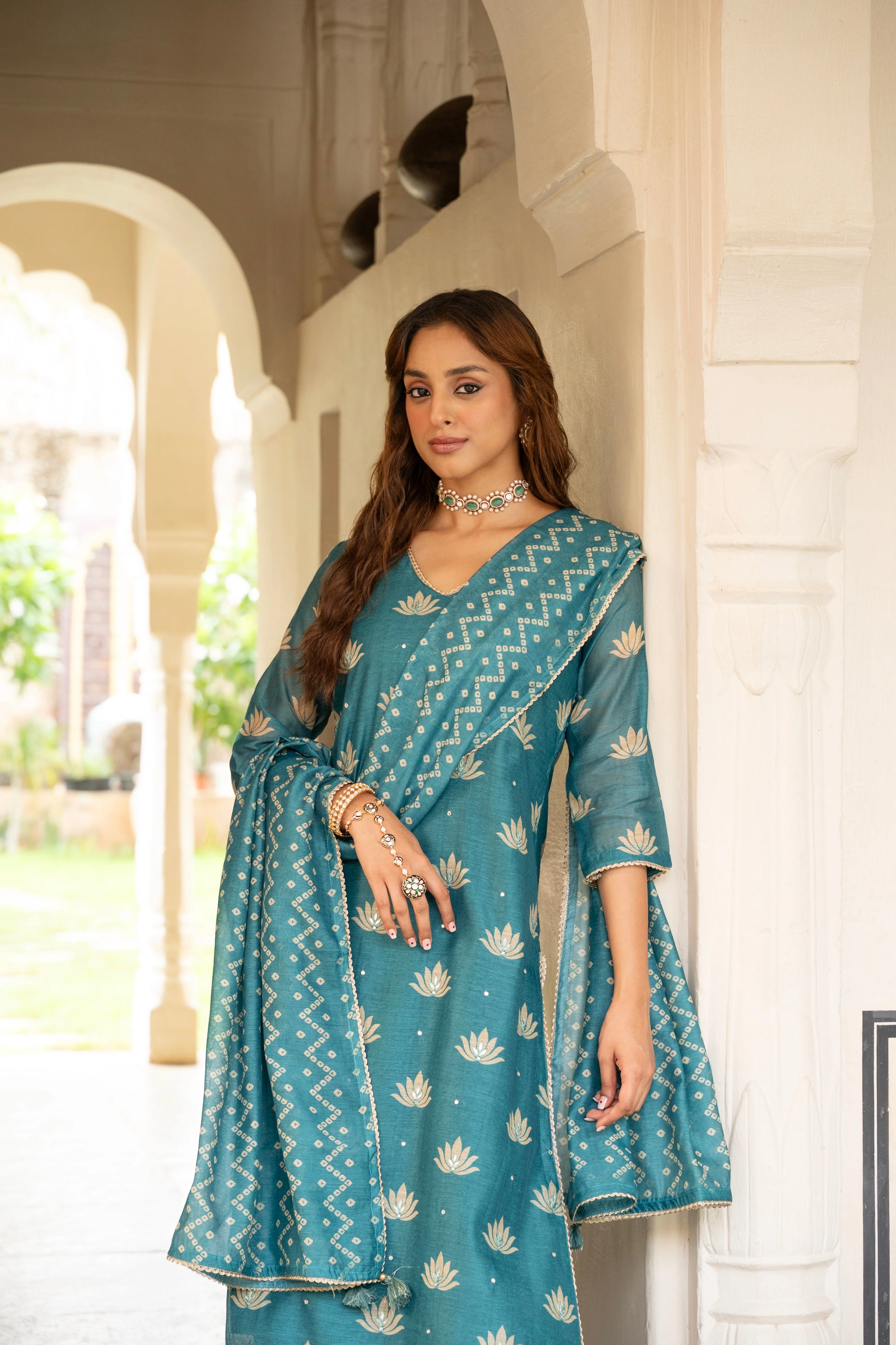 Teal Blue Embellished Chanderi Silk Pant Set - Image 2