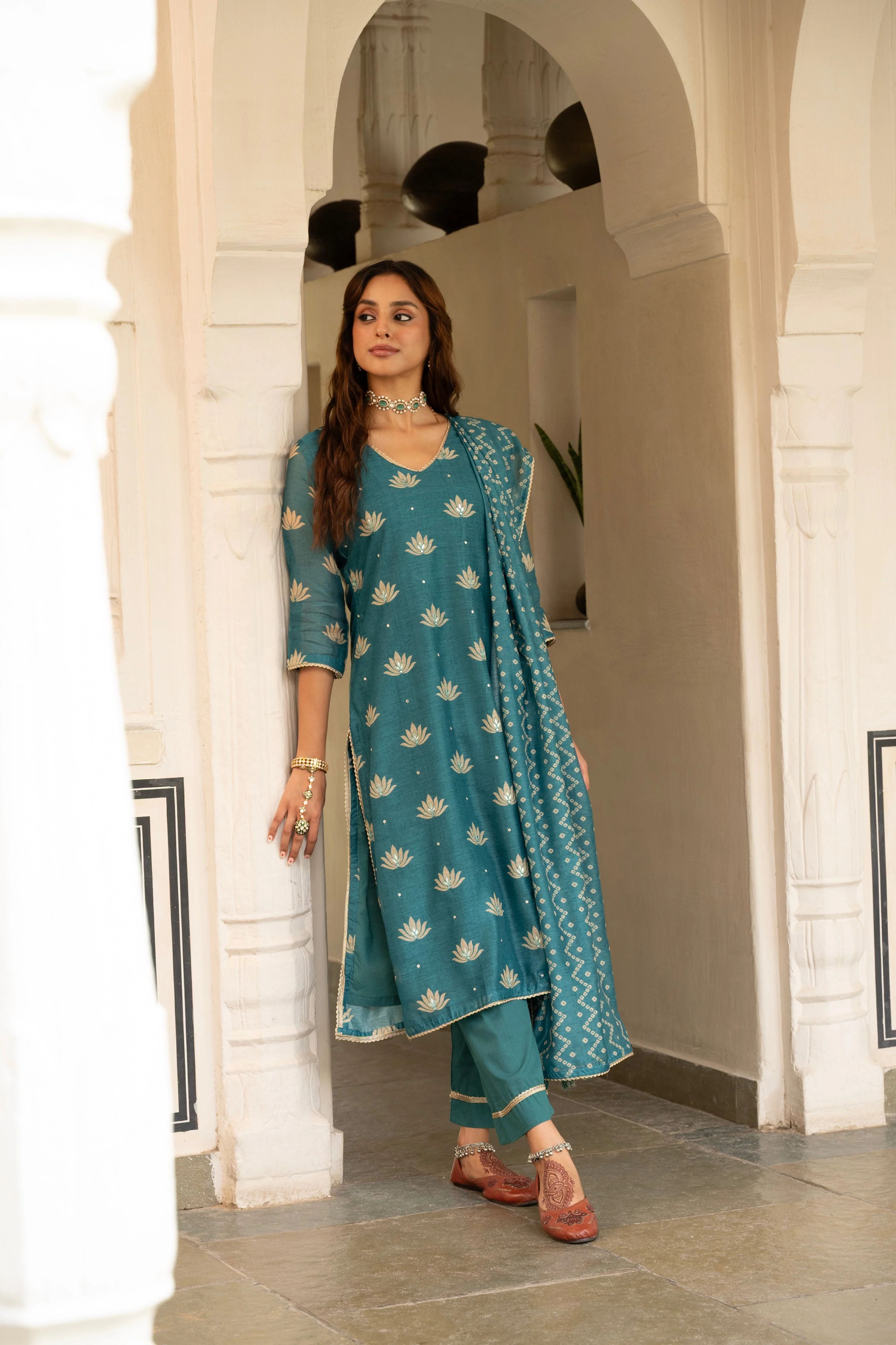 Teal Blue Embellished Chanderi Silk Pant Set - Image 3