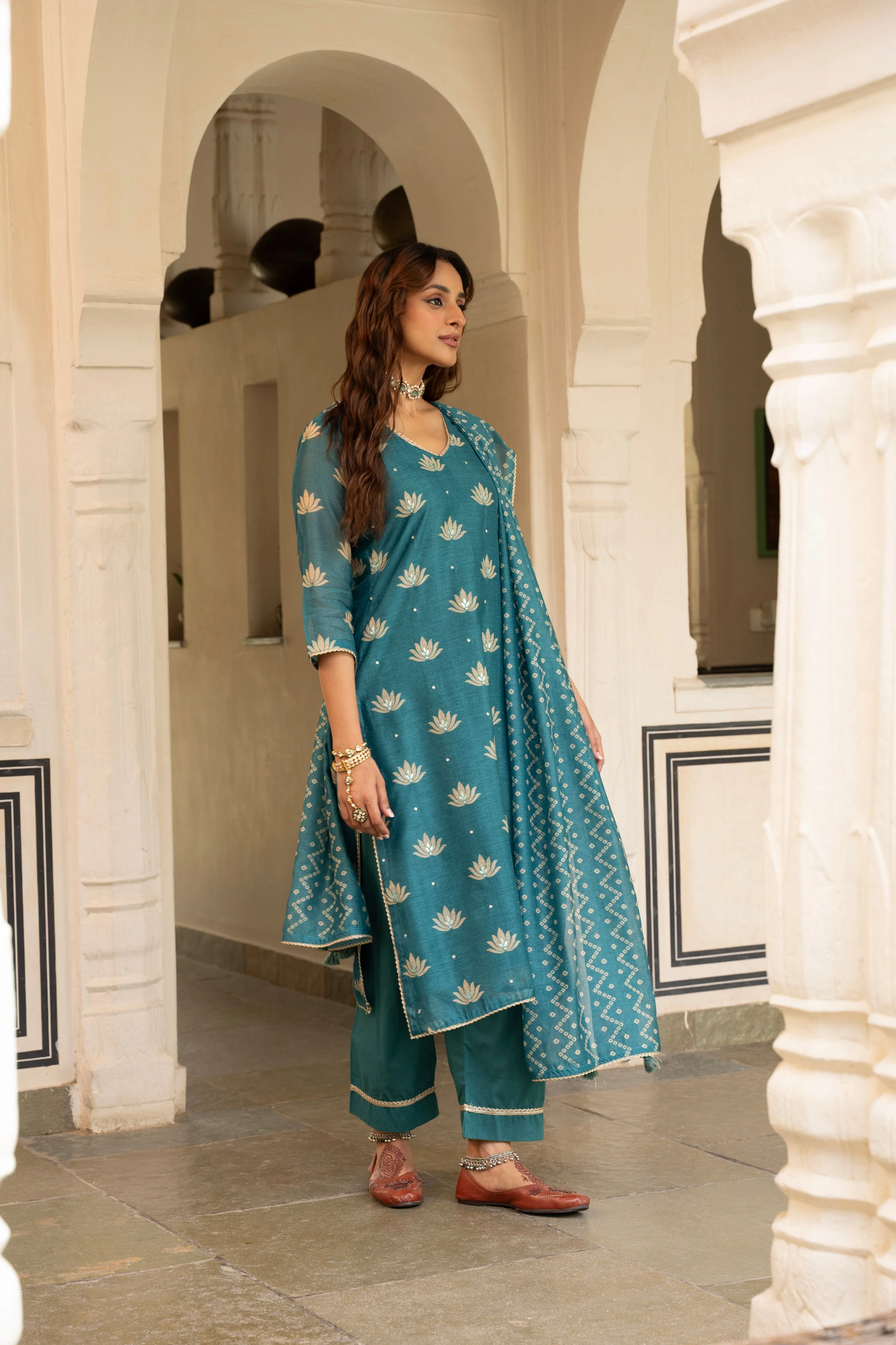 Teal Blue Embellished Chanderi Silk Pant Set - Image 4