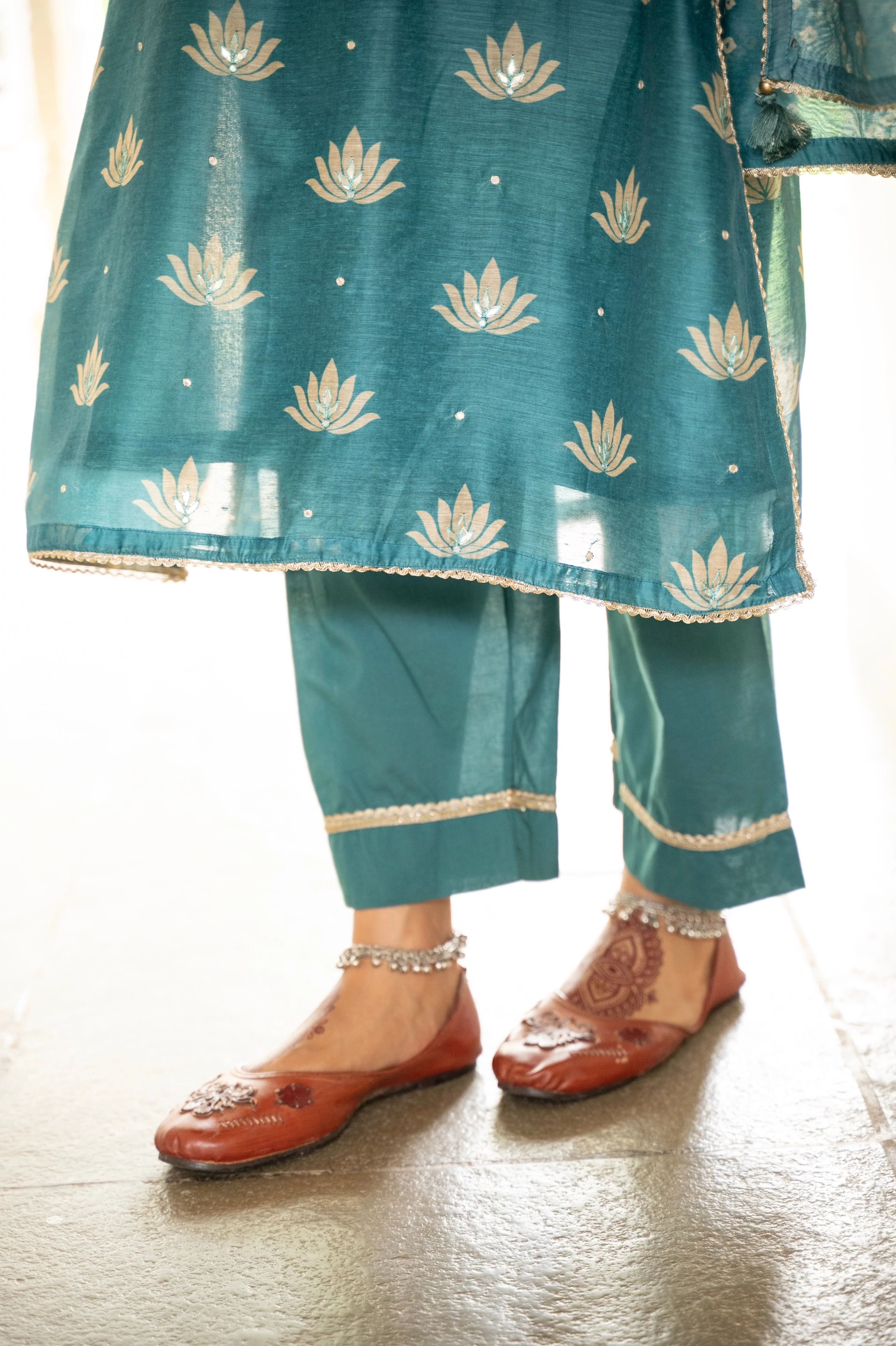 Teal Blue Embellished Chanderi Silk Pant Set - Image 5