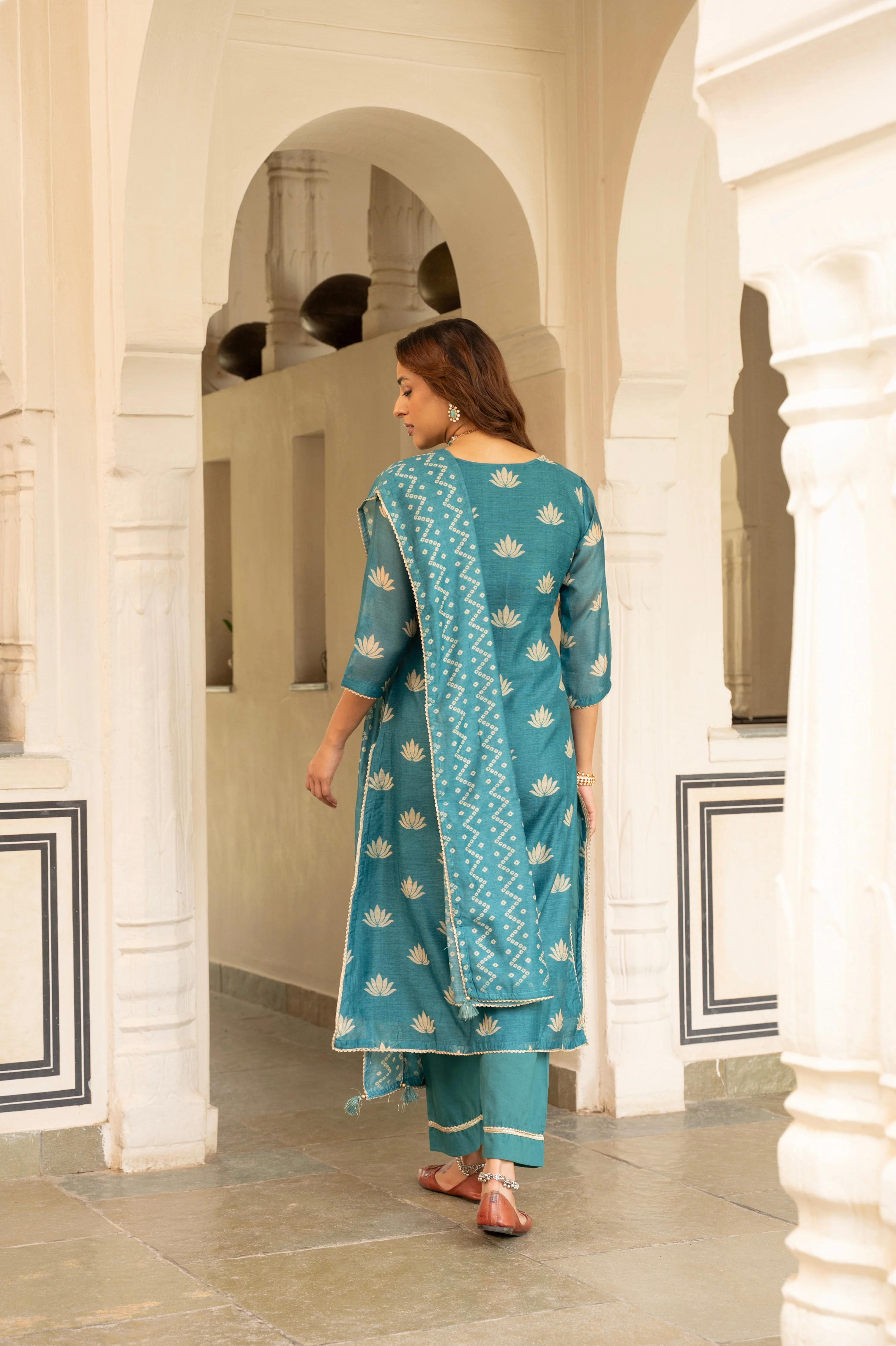 Teal Blue Embellished Chanderi Silk Pant Set - Image 6