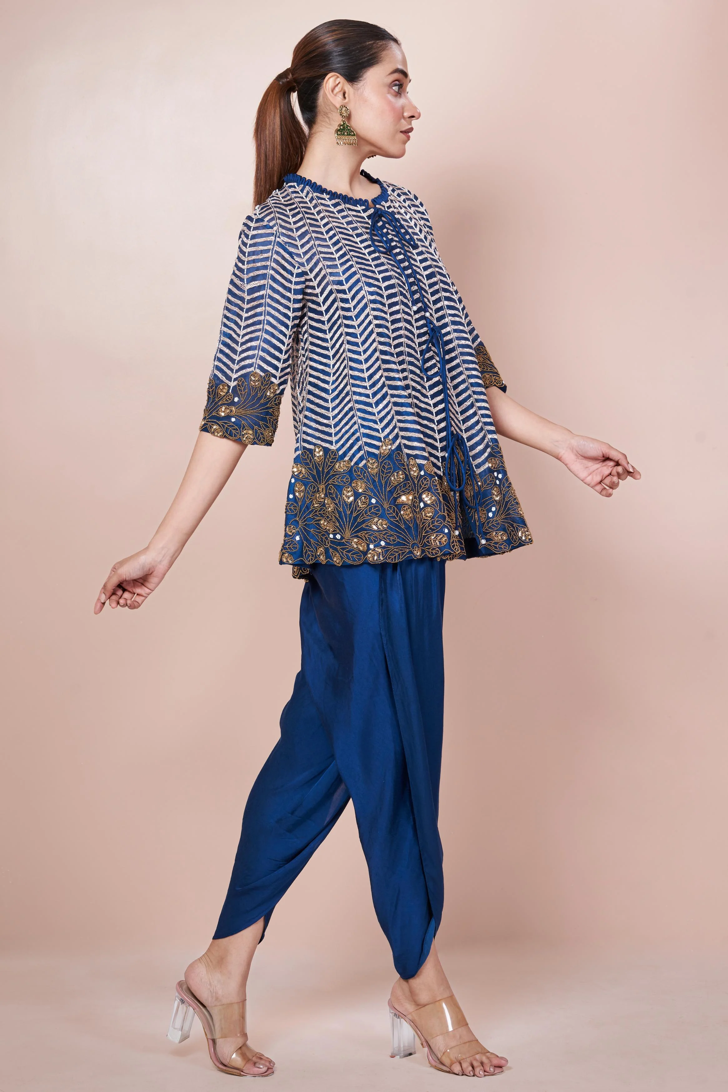 Teal Blue Embellished Chinon Silk Co-Ord Set - Image 5