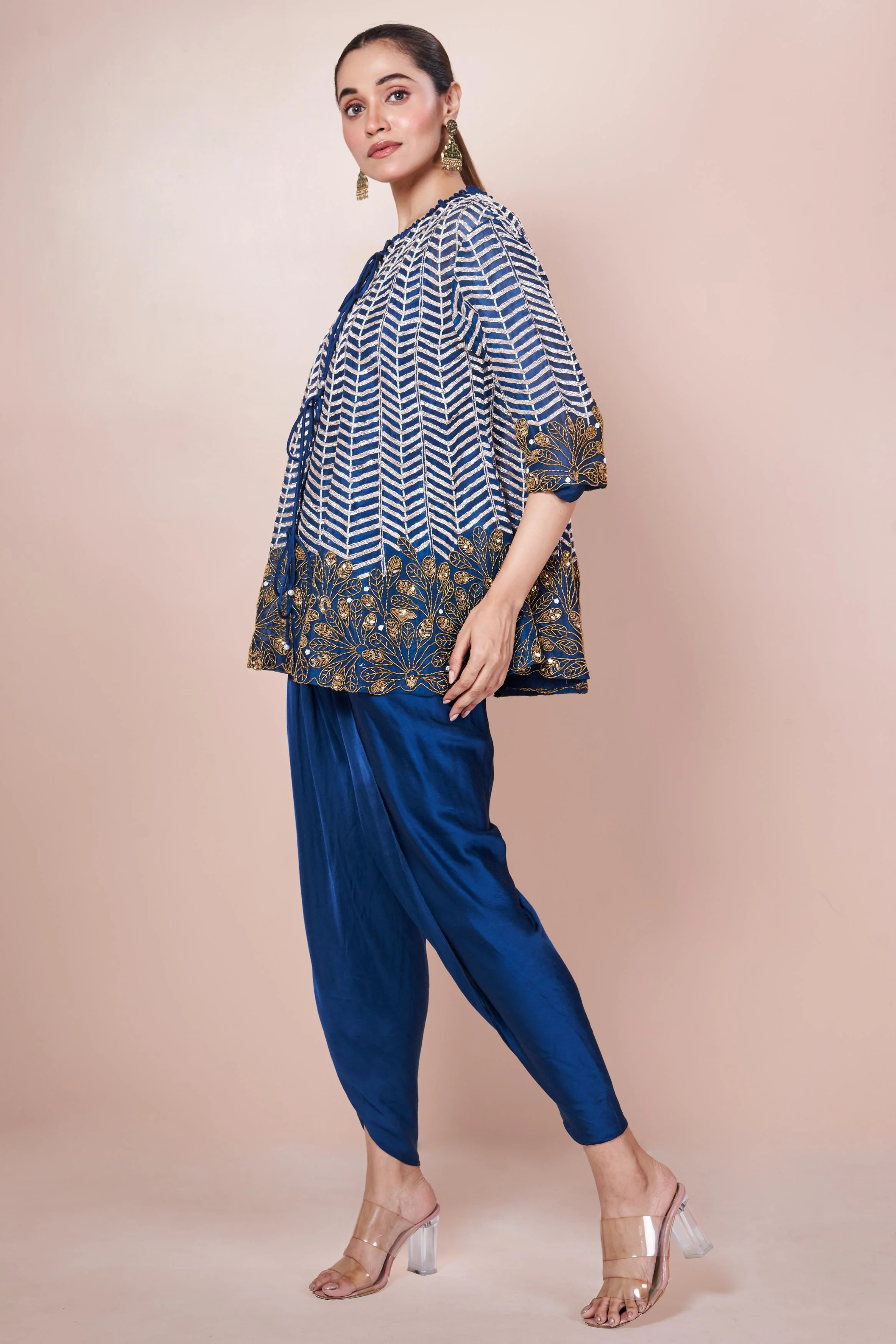 Teal Blue Embellished Chinon Silk Co-Ord Set - Image 6