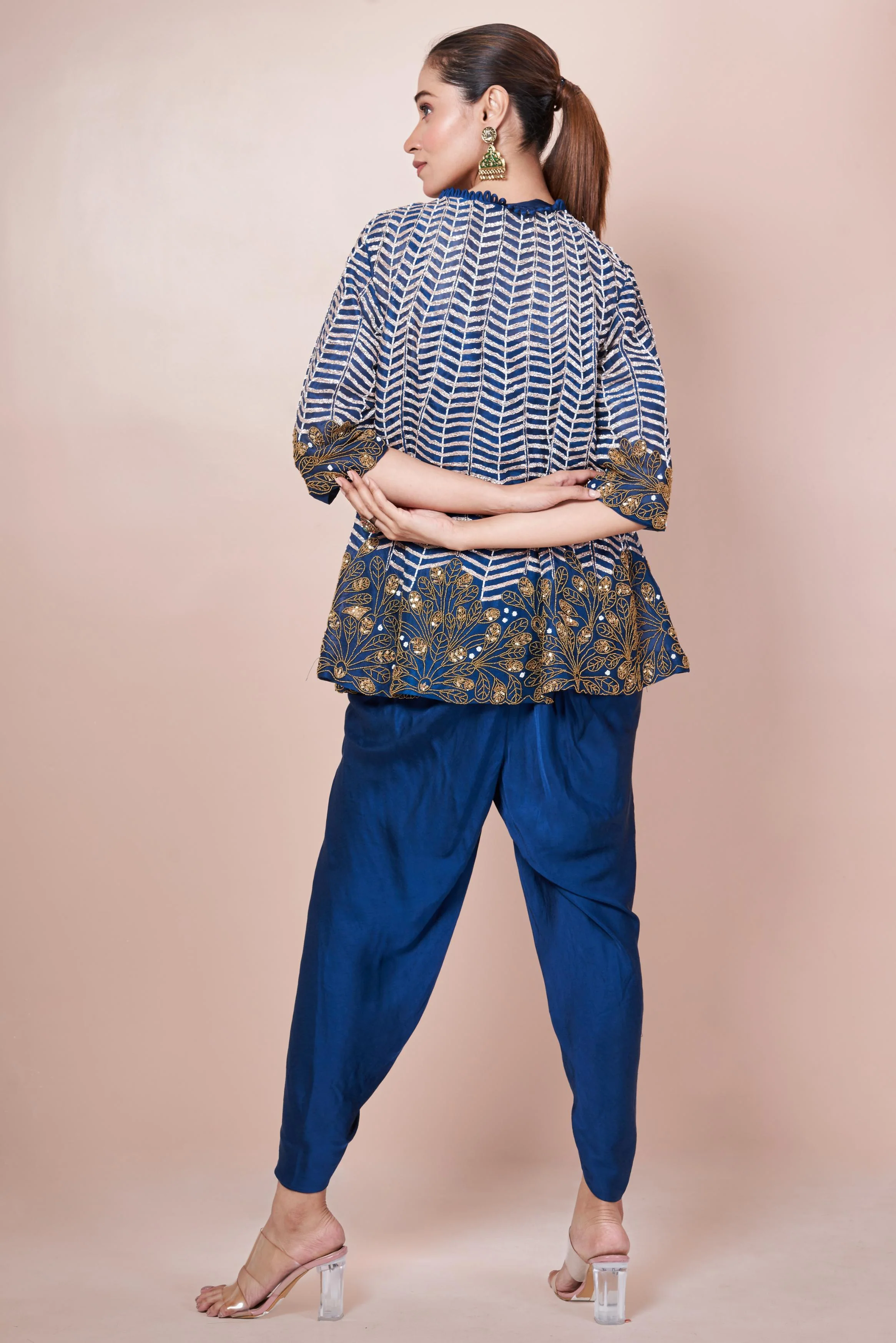 Teal Blue Embellished Chinon Silk Co-Ord Set - Image 7