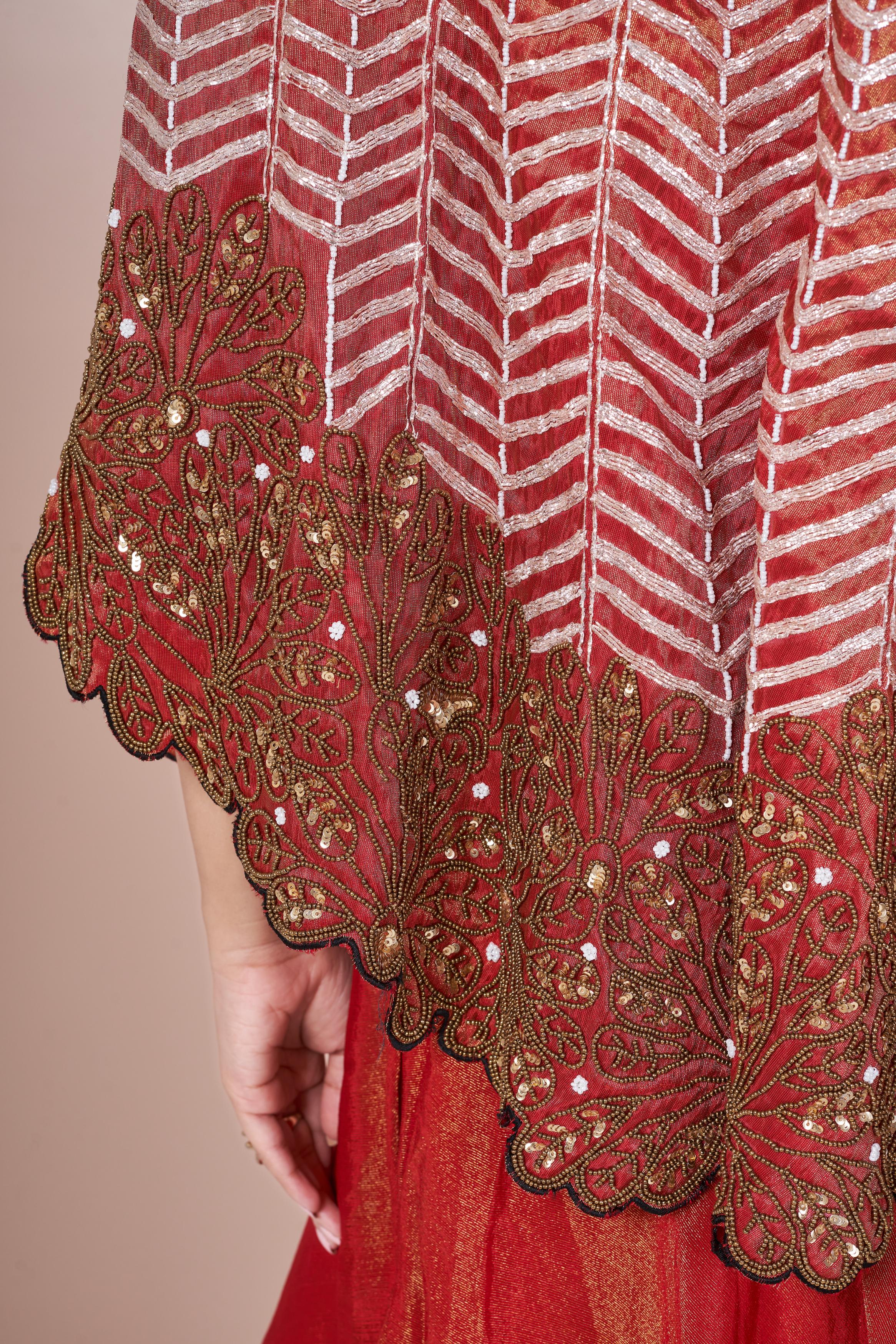 Rust Orange Embellished Chinon Silk Palazzo Set - Image 3