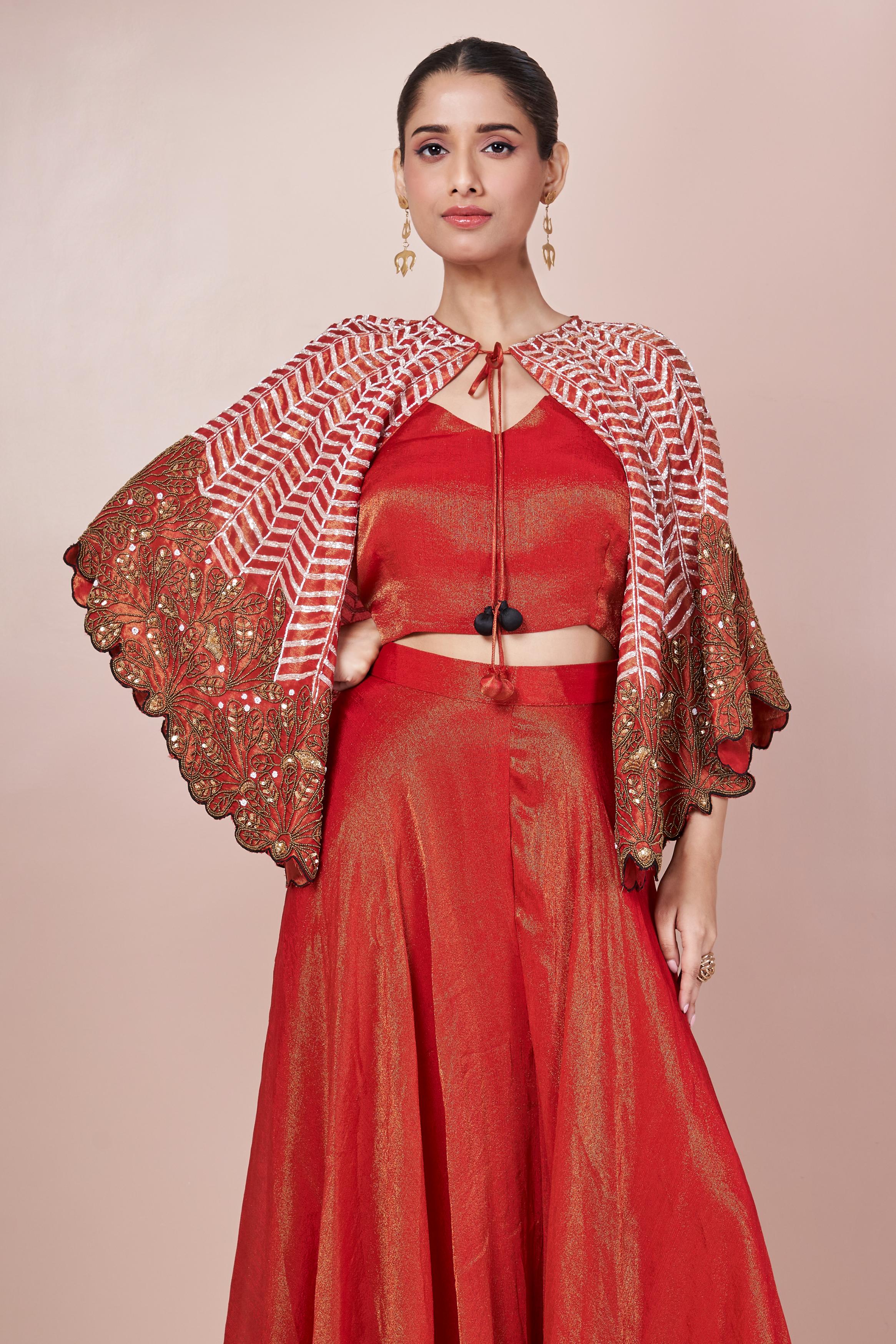 Rust Orange Embellished Chinon Silk Palazzo Set - Image 4