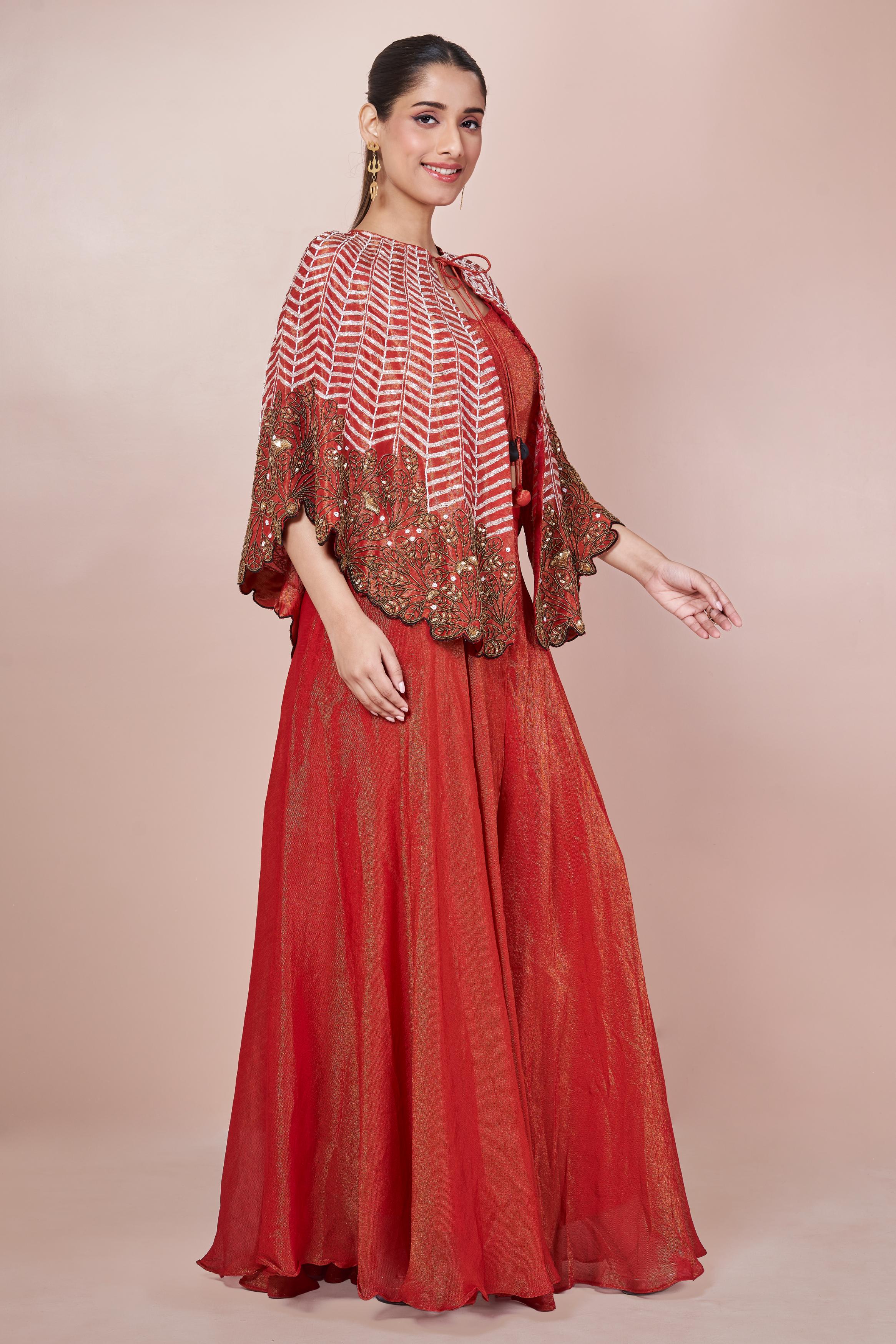 Rust Orange Embellished Chinon Silk Palazzo Set - Image 5