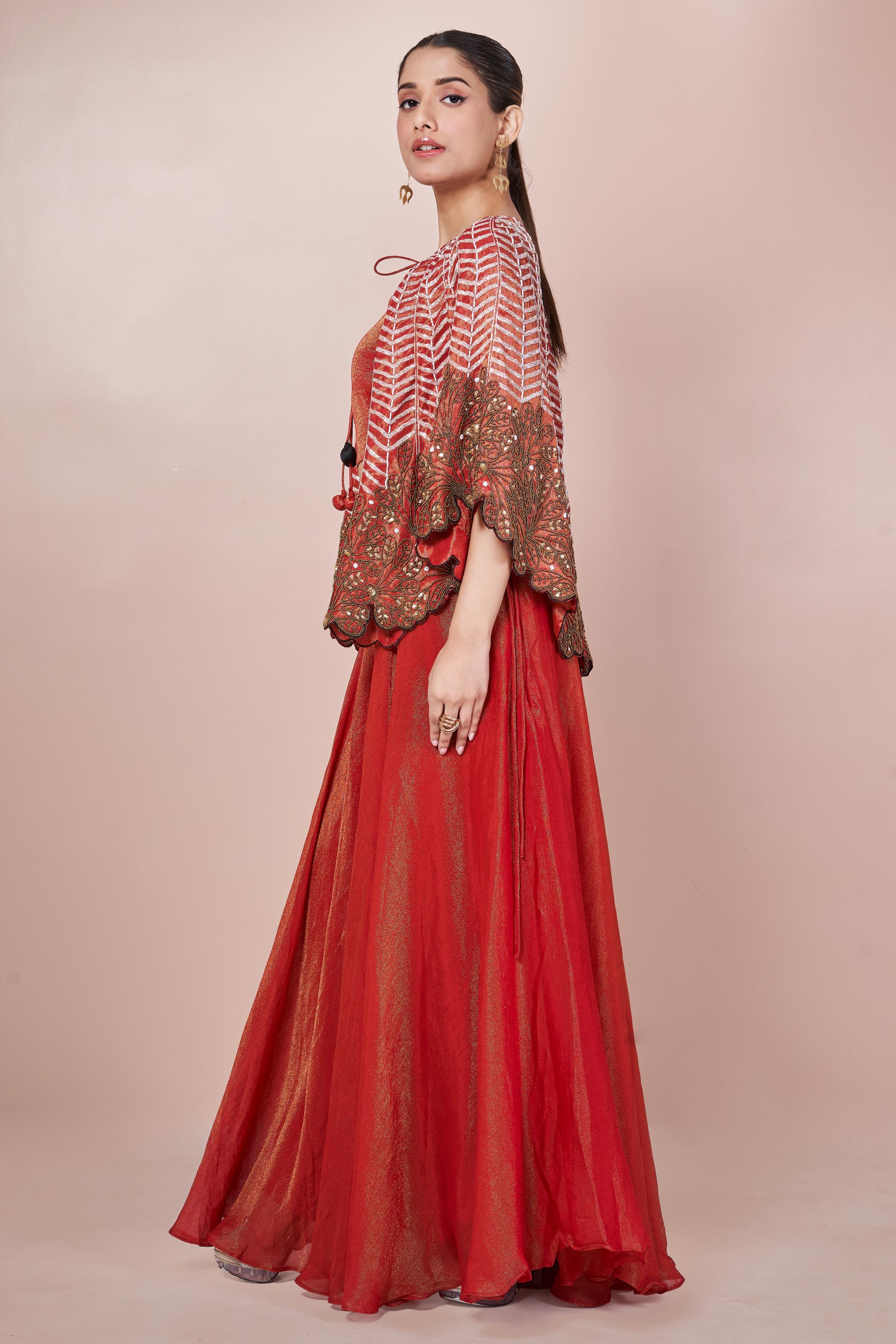 Rust Orange Embellished Chinon Silk Palazzo Set - Image 6