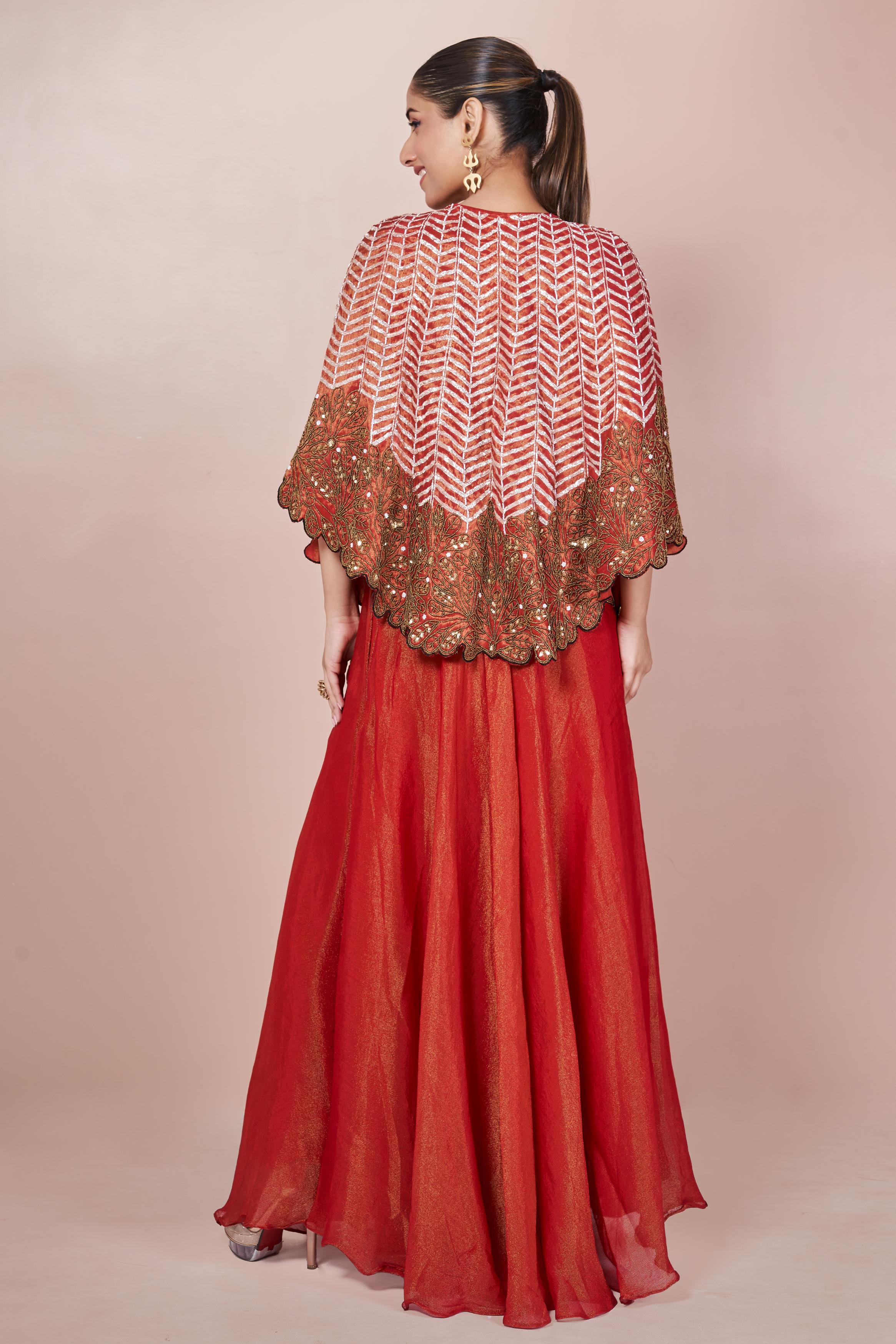 Rust Orange Embellished Chinon Silk Palazzo Set - Image 7