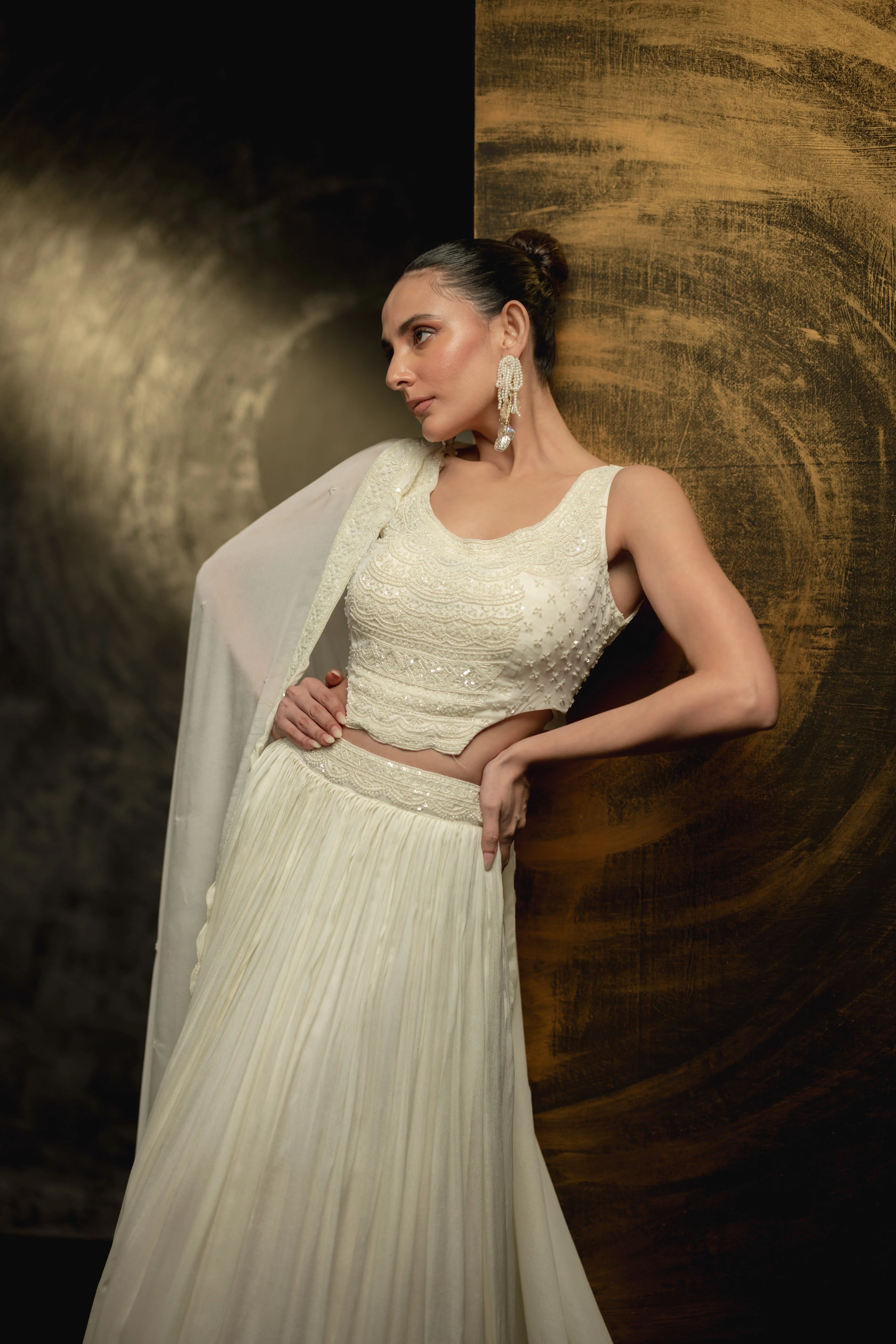 Pearl White Embellished Georgette Silk Skirt Set - Image 2