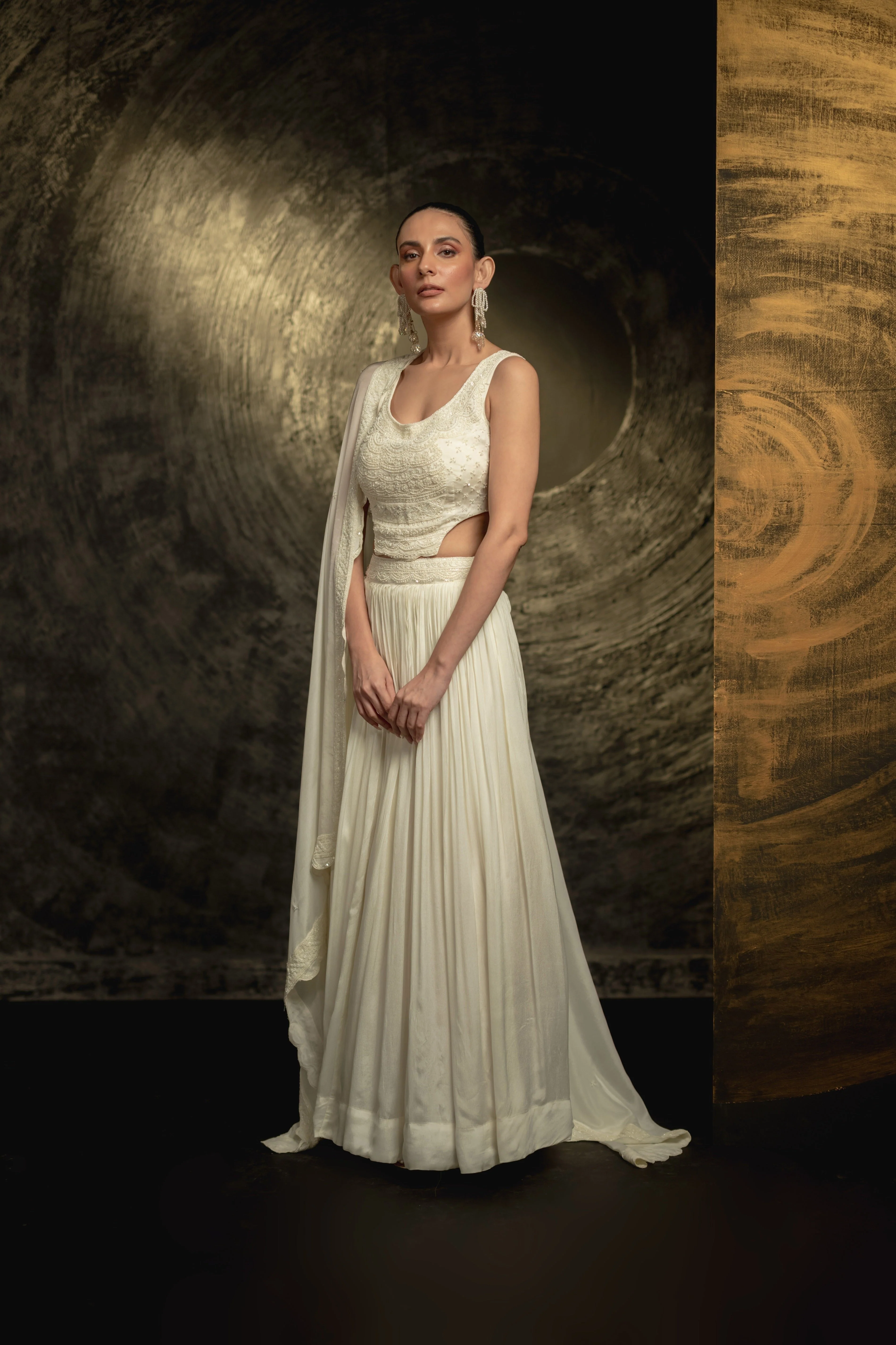 Pearl White Embellished Georgette Silk Skirt Set - Image 3
