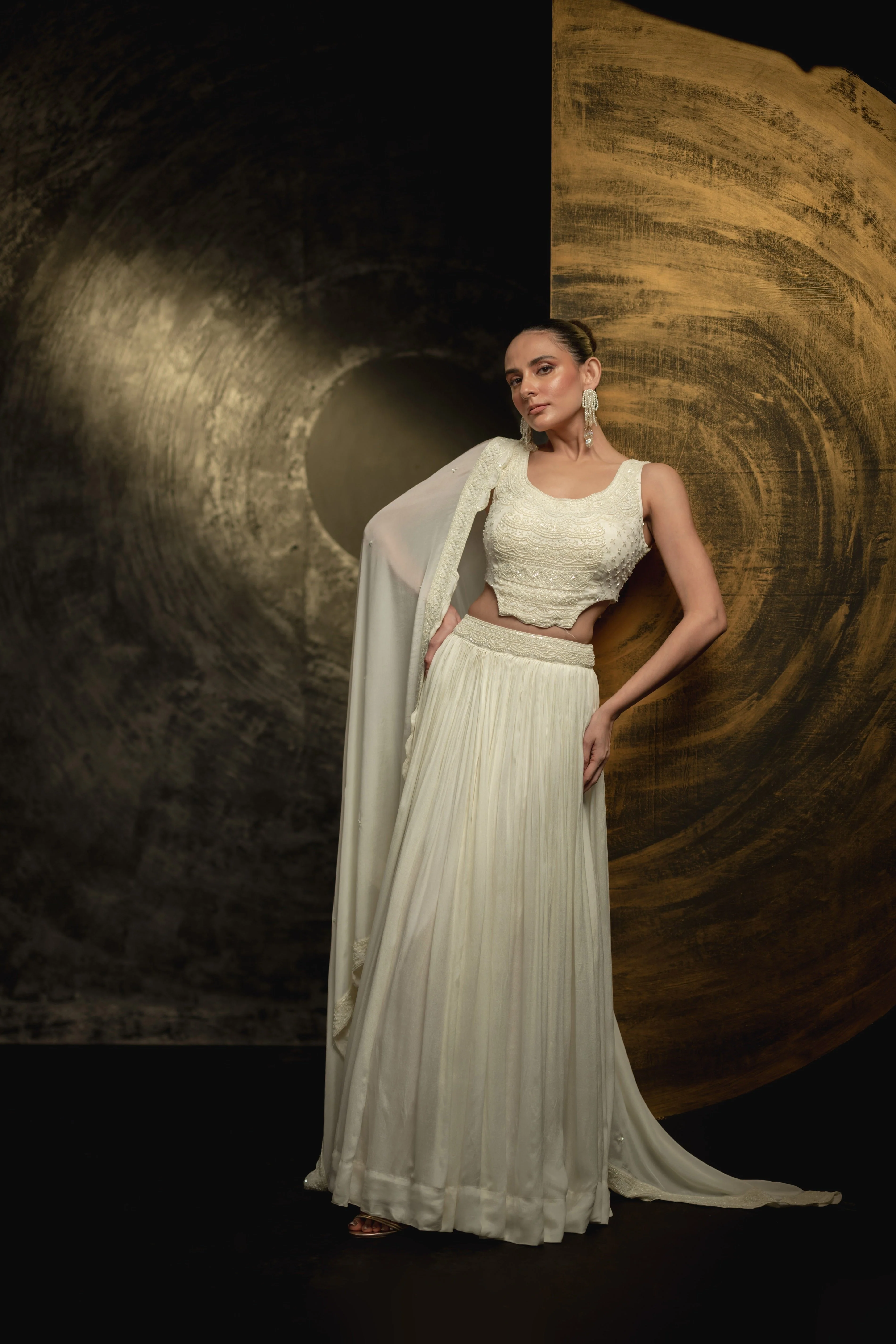 Pearl White Embellished Georgette Silk Skirt Set - Image 4