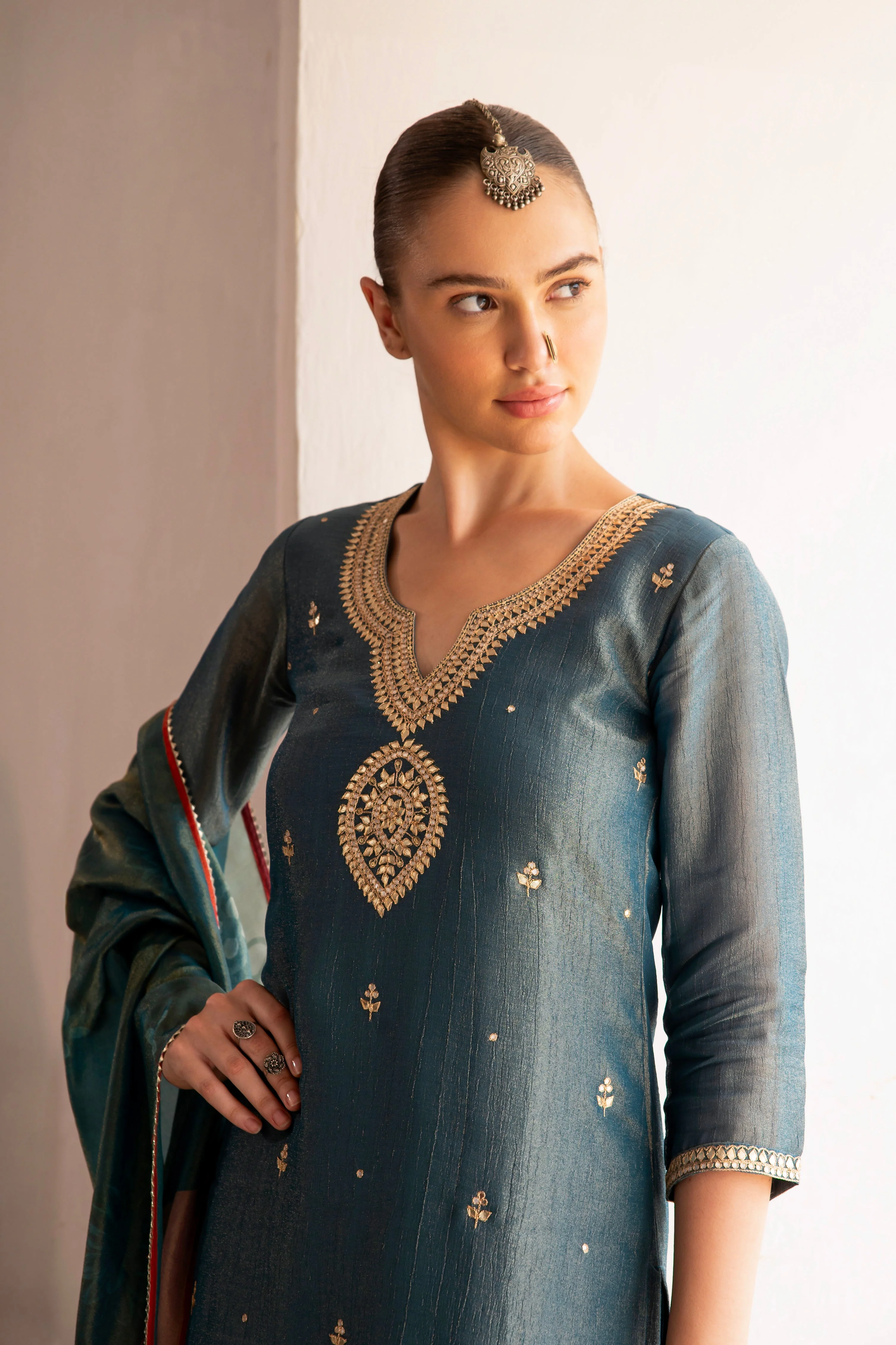 Teal Blue Embellished Crushed Tissue Silk Pant Set - Image 2
