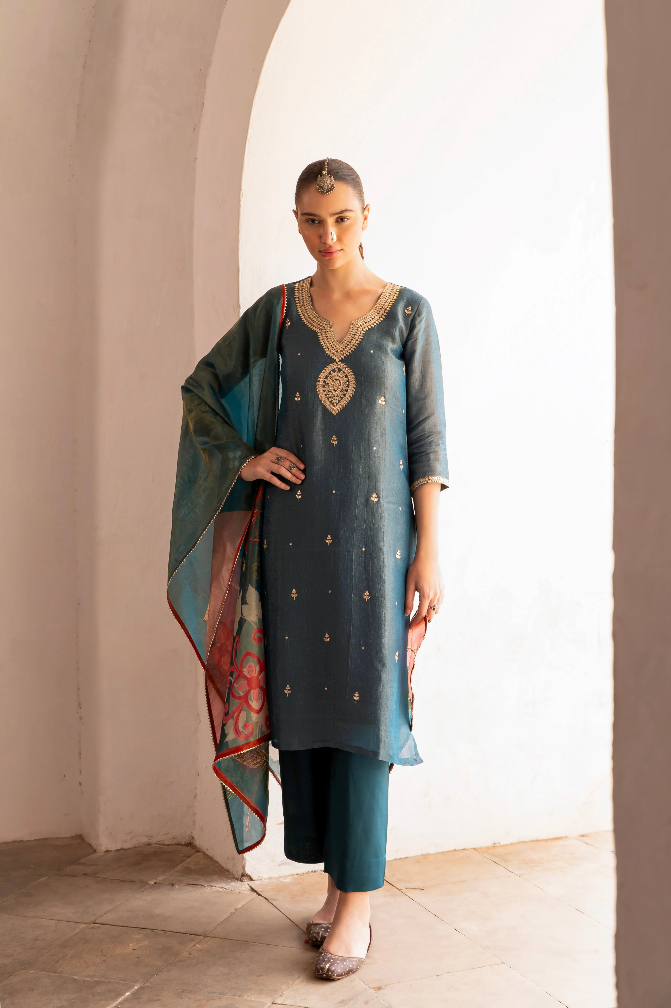 Teal Blue Embellished Crushed Tissue Silk Pant Set - Image 3