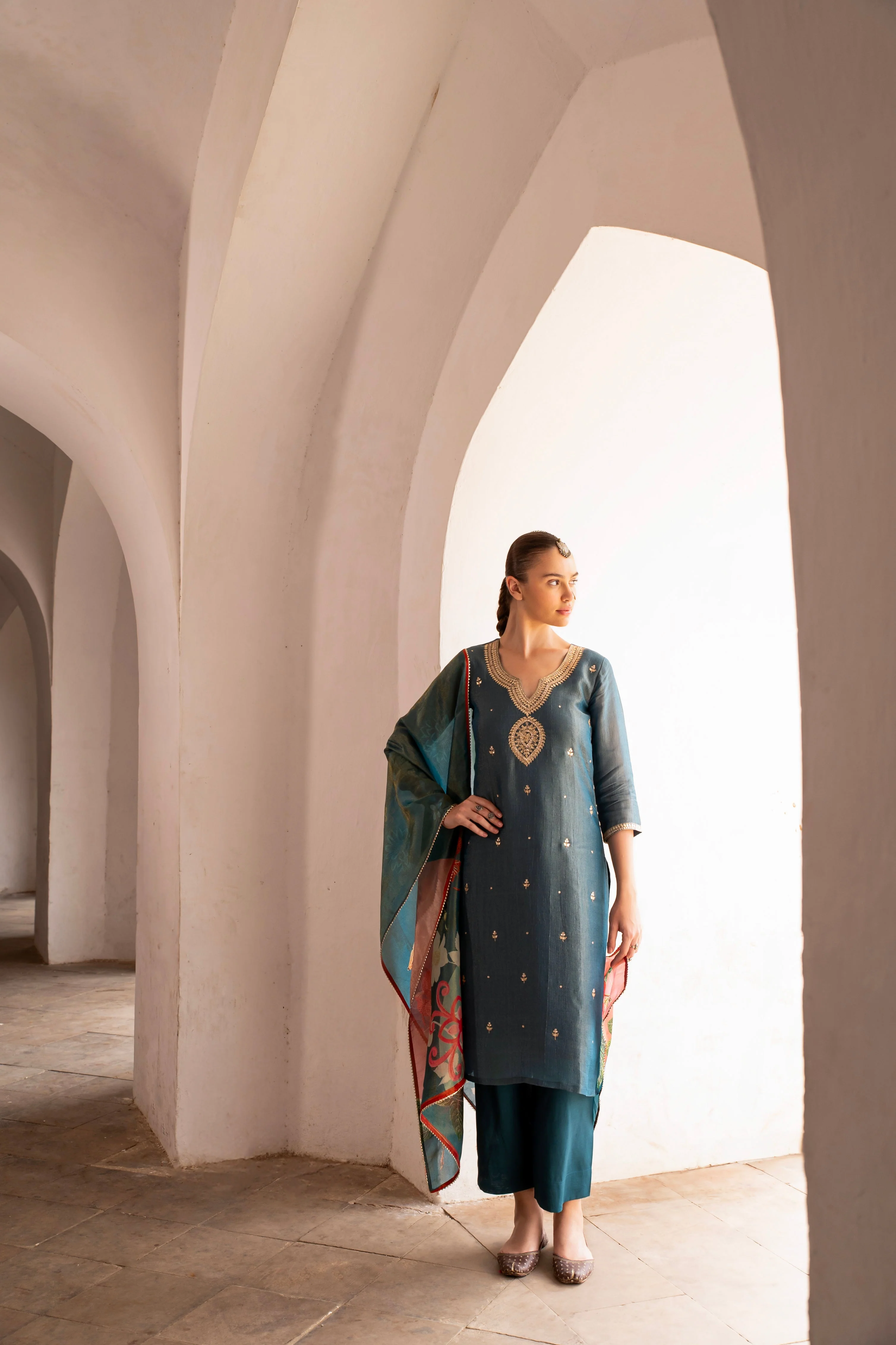 Teal Blue Embellished Crushed Tissue Silk Pant Set - Image 4