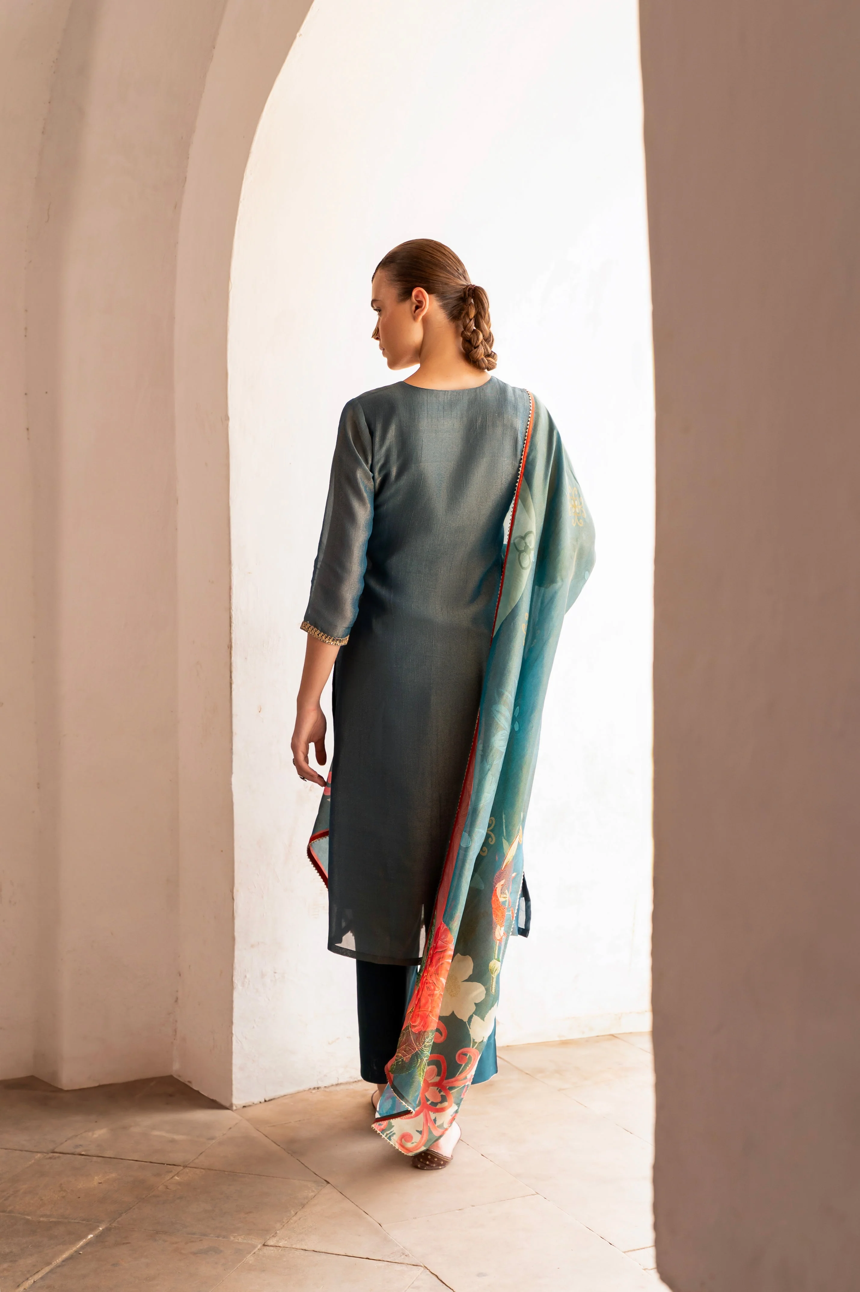 Teal Blue Embellished Crushed Tissue Silk Pant Set - Image 5