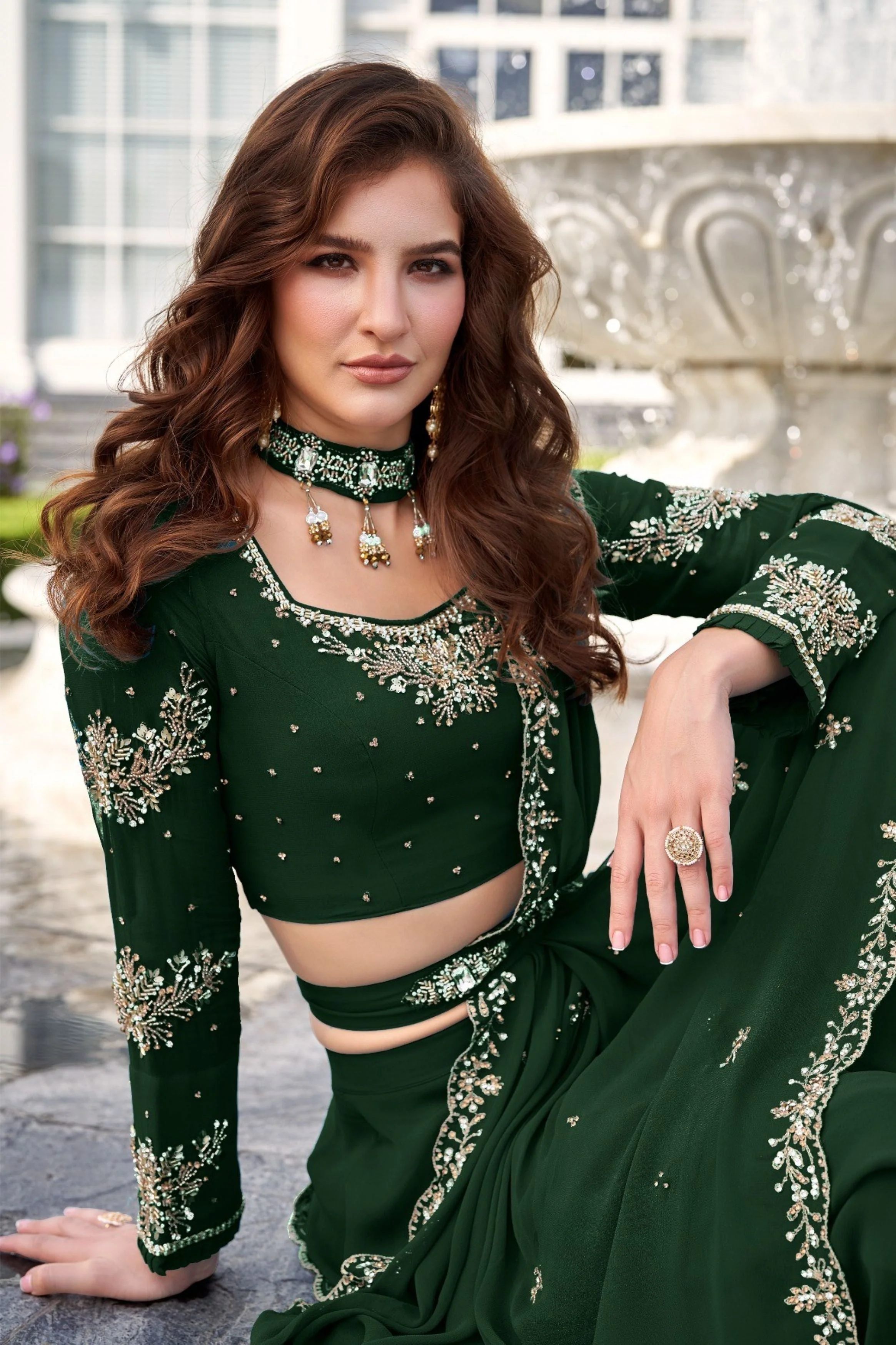 Bottle Green Embellished Saree-Style Skirt Set - Image 2