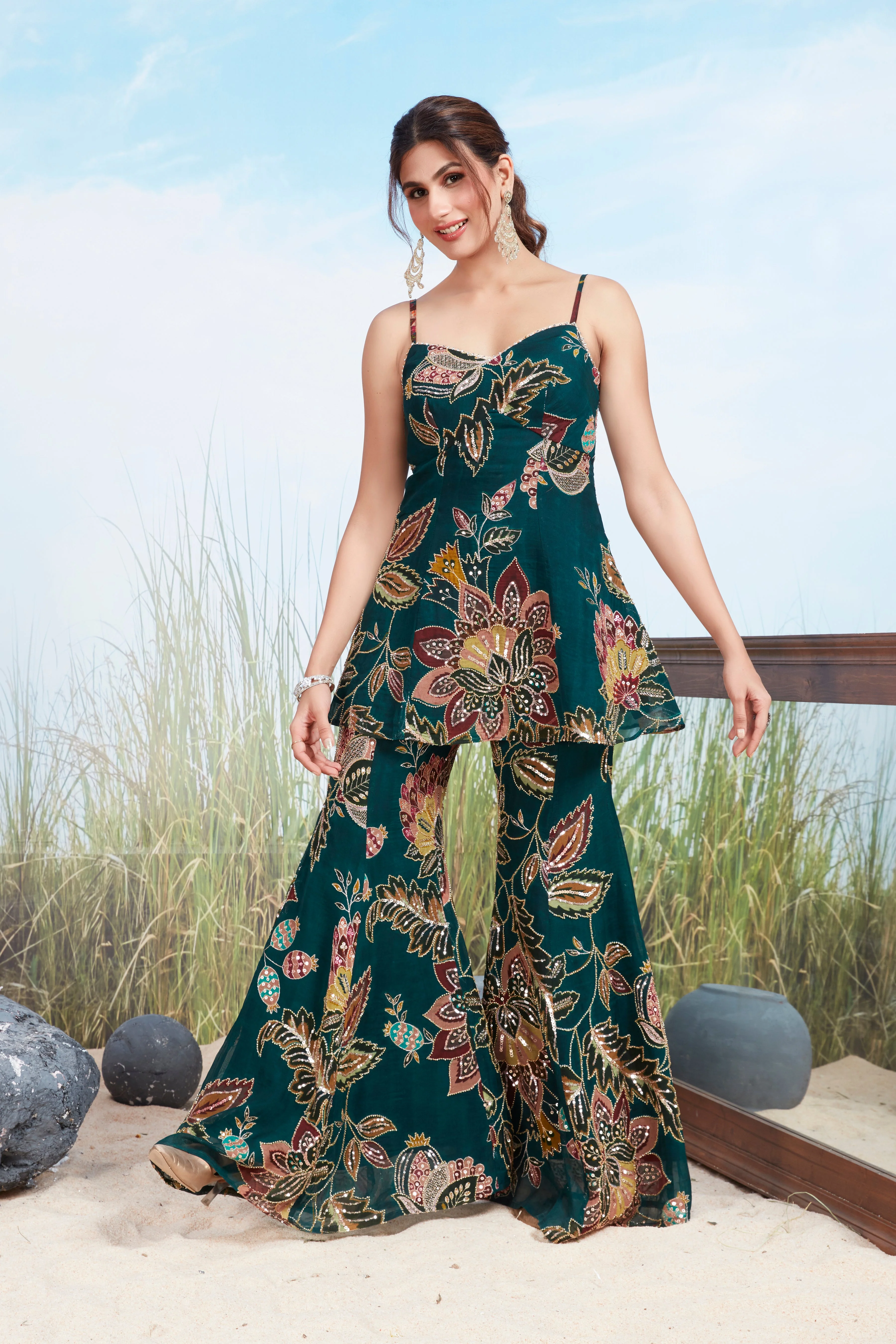 Teal Blue Embellished Georgette Silk Palazzo Set - Image 2