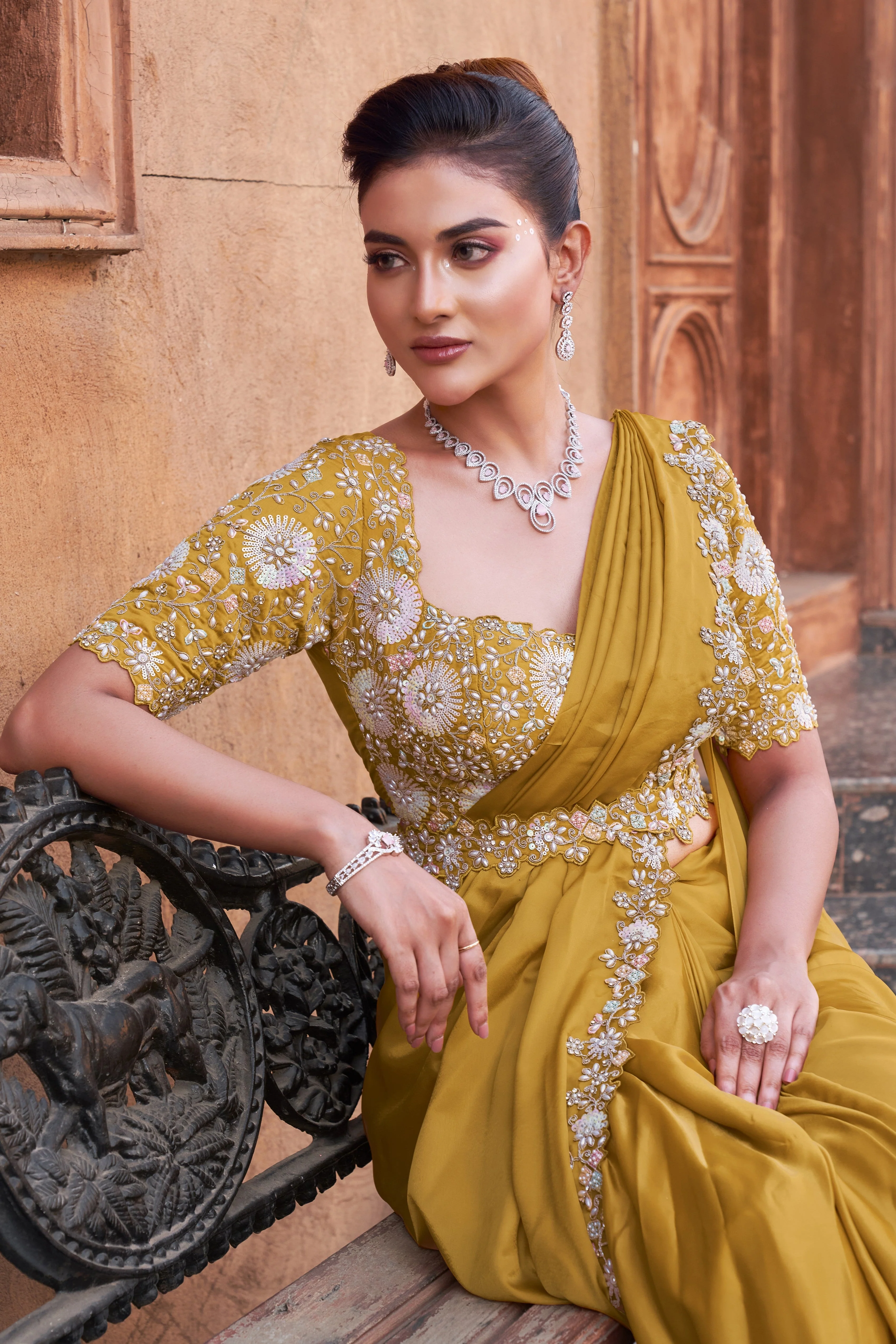 Mustard Embellished Premium Satin Silk Saree - Image 2