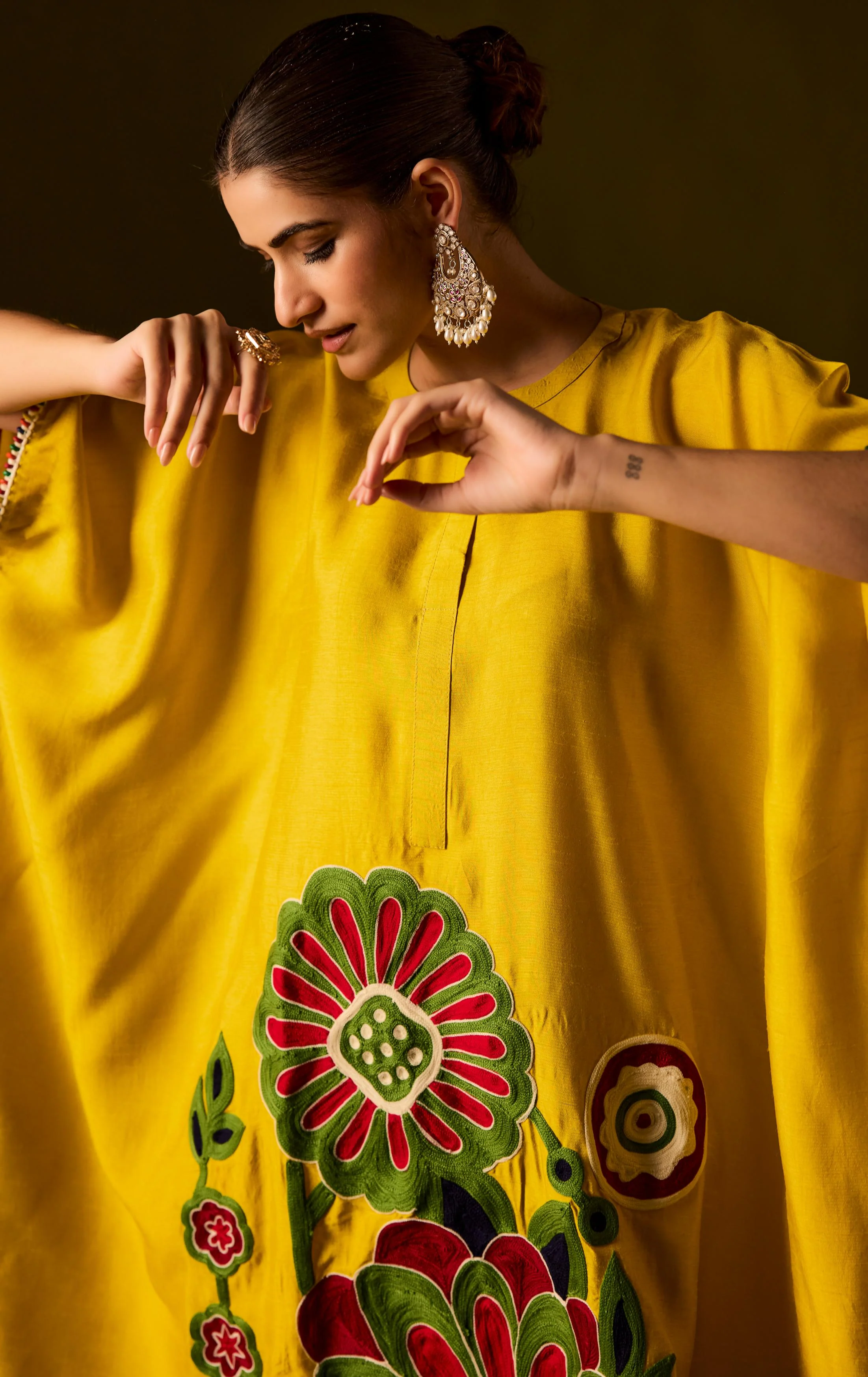 Lemon Yellow Embellished Premium Silk Kaftan Set - Image 3