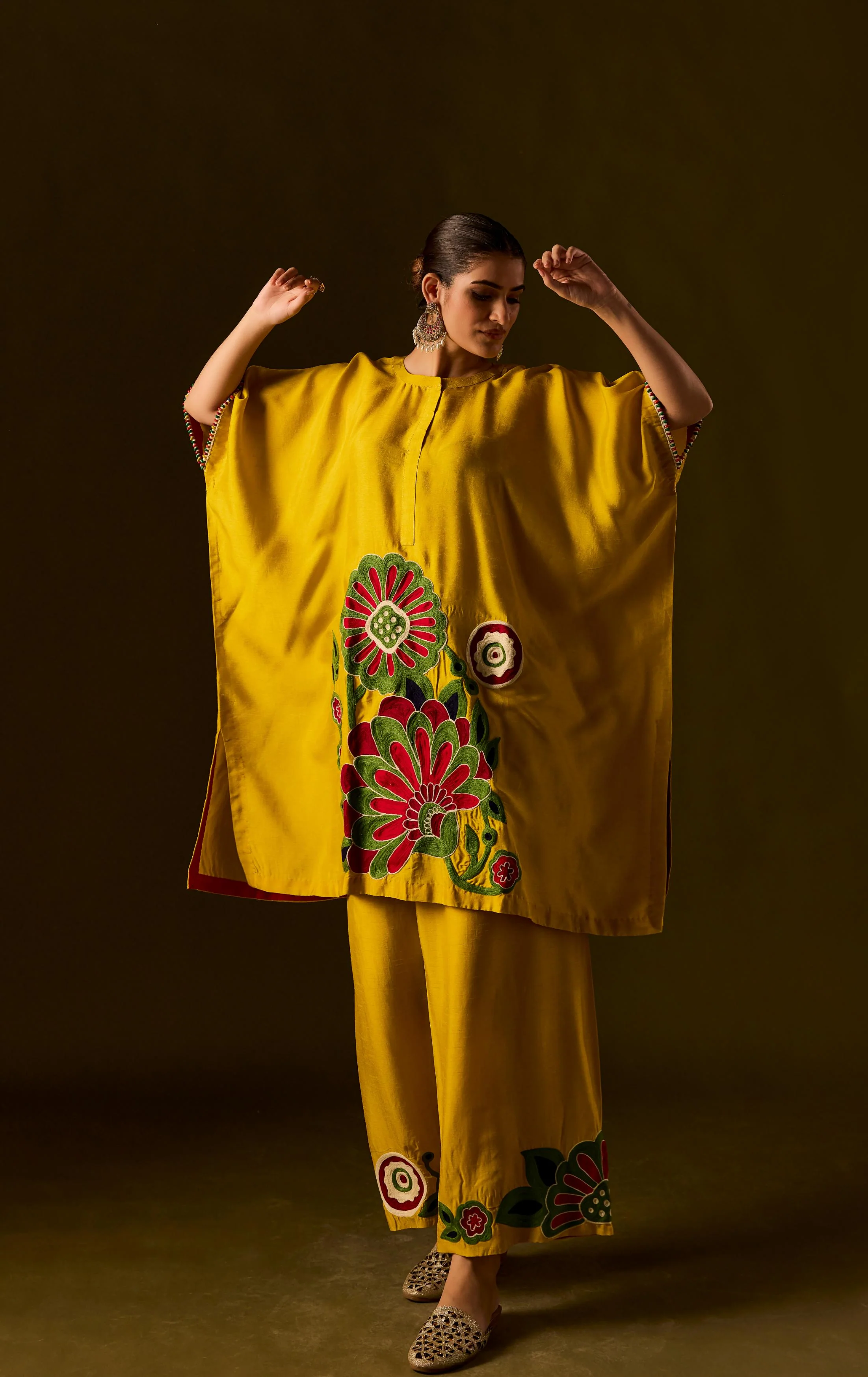 Lemon Yellow Embellished Premium Silk Kaftan Set - Image 4