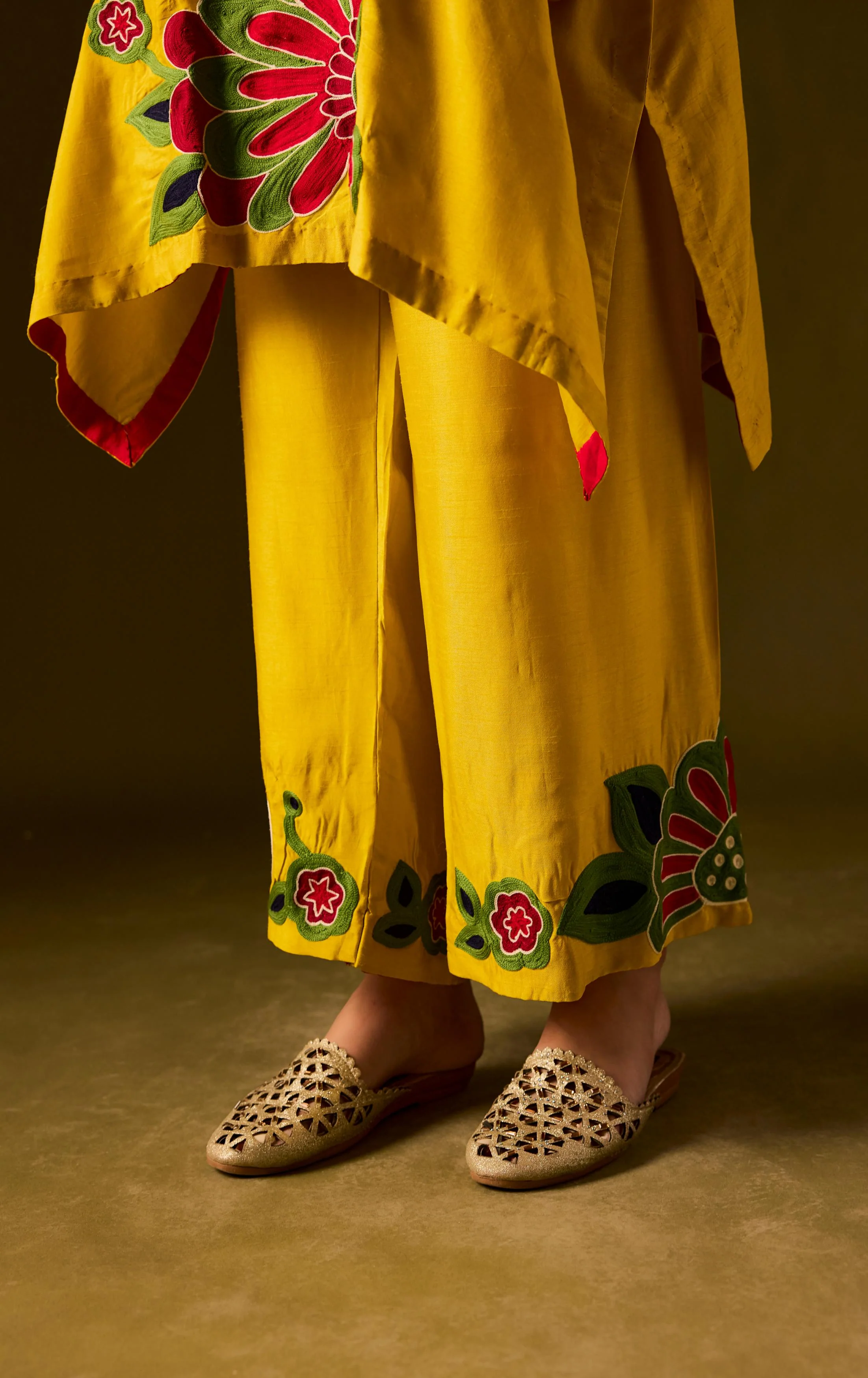 Lemon Yellow Embellished Premium Silk Kaftan Set - Image 5