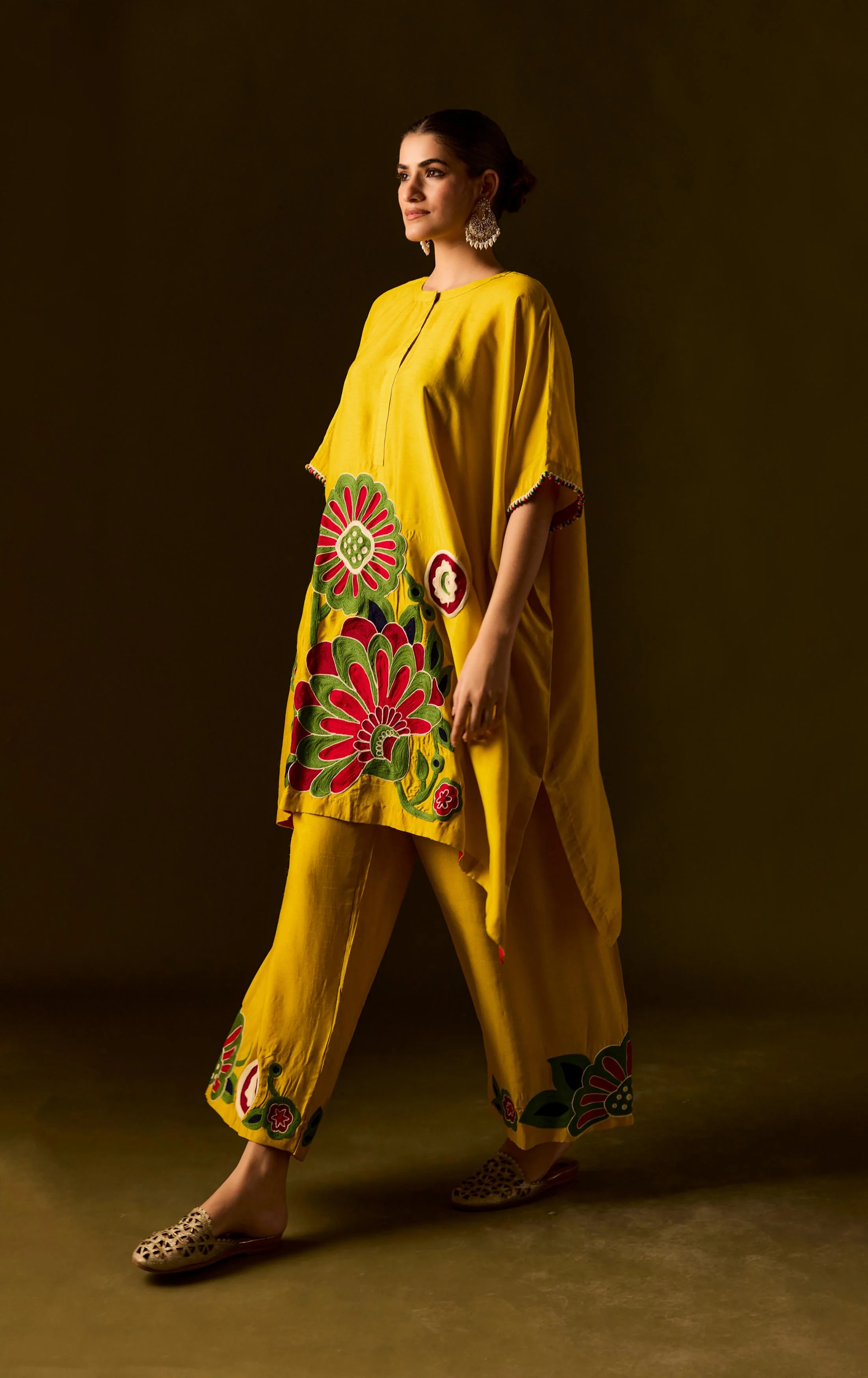 Lemon Yellow Embellished Premium Silk Kaftan Set - Image 6